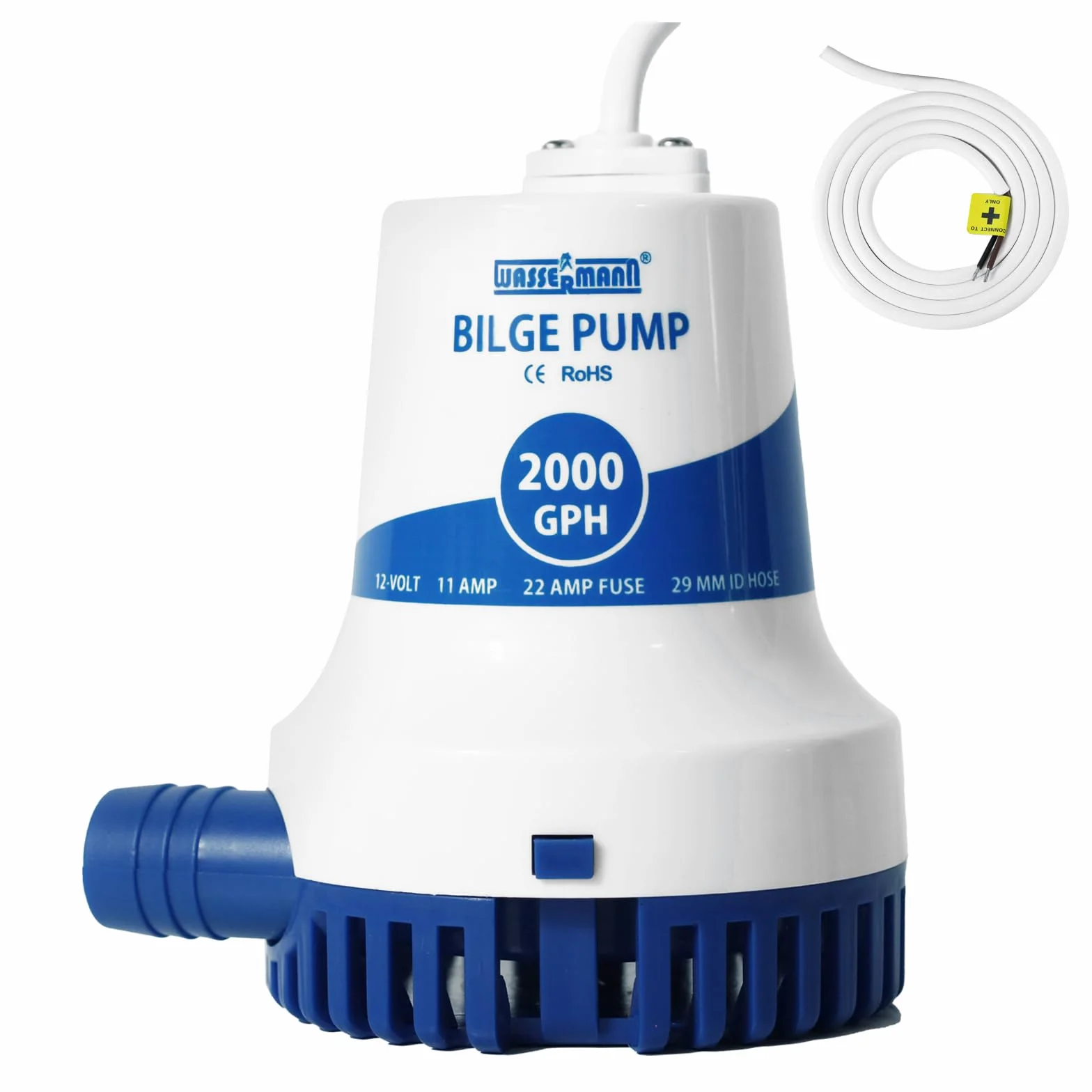 WASSERMANN 2000GPH Prime Bomba de achique de 12 V, bombas de agua sumergibles marinas de alta resistencia mejoradas para embarcaciones con cable de alimentación largo y protección antibloqueo de aire