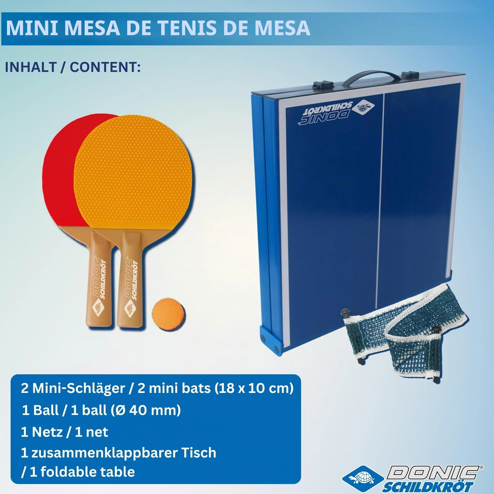 Donic-Schildkröt 838576 - Juego Completo de Mesa de Ping Pong (2 Palas y 1 Pelota, Plegable, tamaño maletín, 68 x 33 x 9 cm), Color Azul