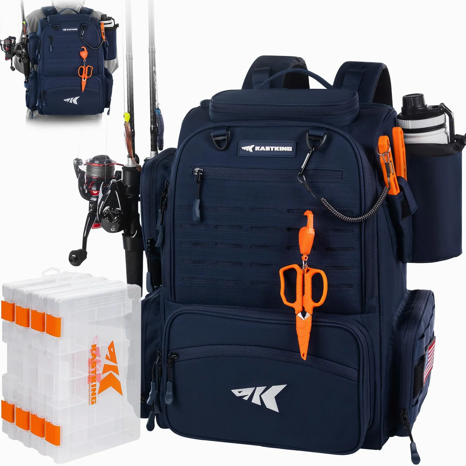 KastKing Bait Boss - Mochila de aparejos de pesca con soportes para caña, 4 cajas de aparejos, cubierta para lluvia, 45/43 L de almacenamiento grande para equipo de pesca