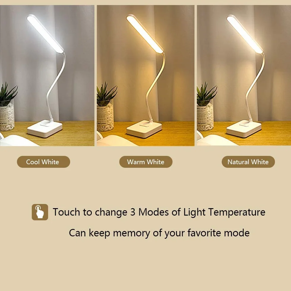 Lámpara LED de escritorio recargable 2000mAh, luz lectura inalámbrica, control táctil 3 colores, 6 brillo ajustable