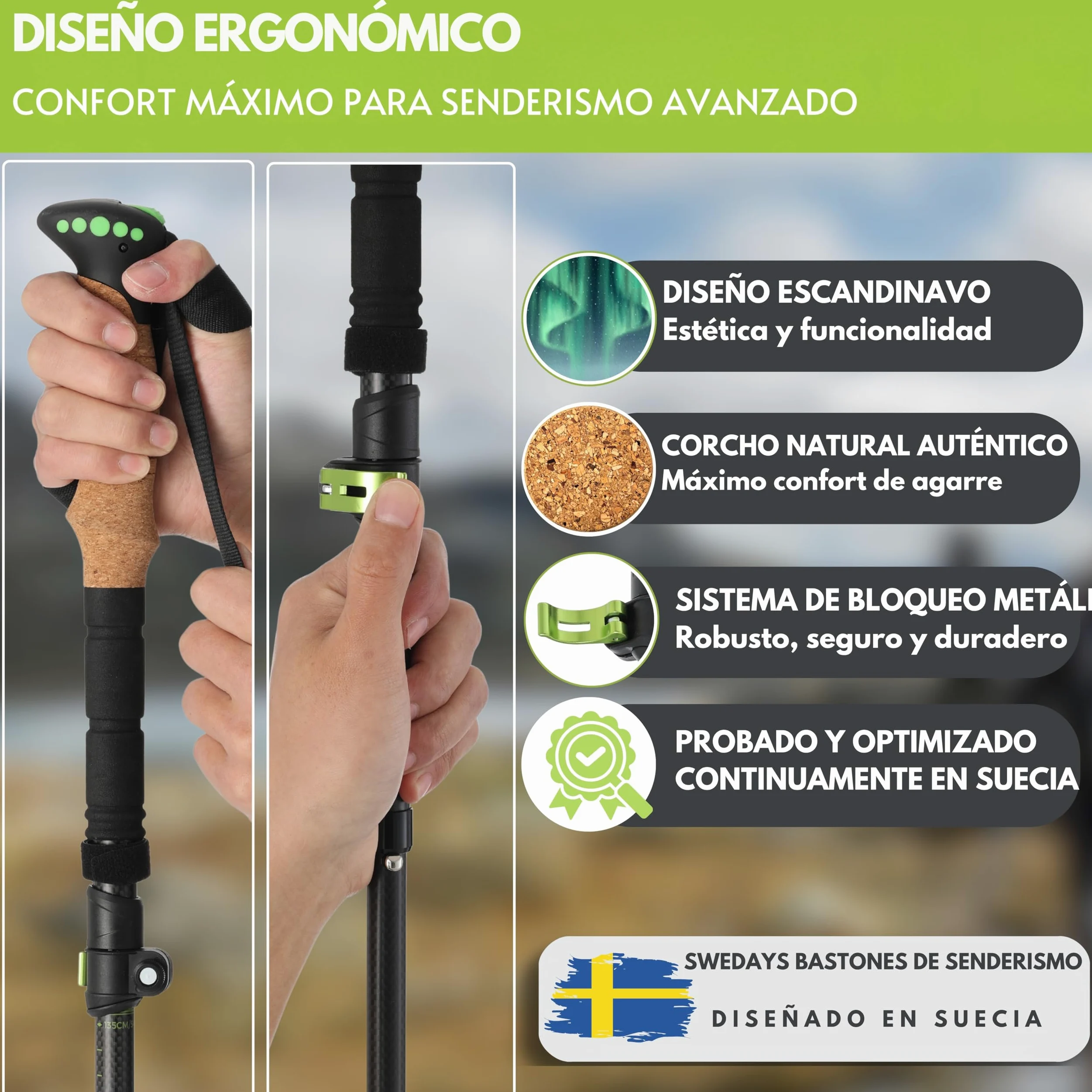 Bastones de Senderismo Plegables (35cm Plegados) - Carbono 3K o Aluminio 7075 - Telescópicos 115-135cm - Ultraligeros & Compactos - Mango de Corcho - Hombre & Mujer