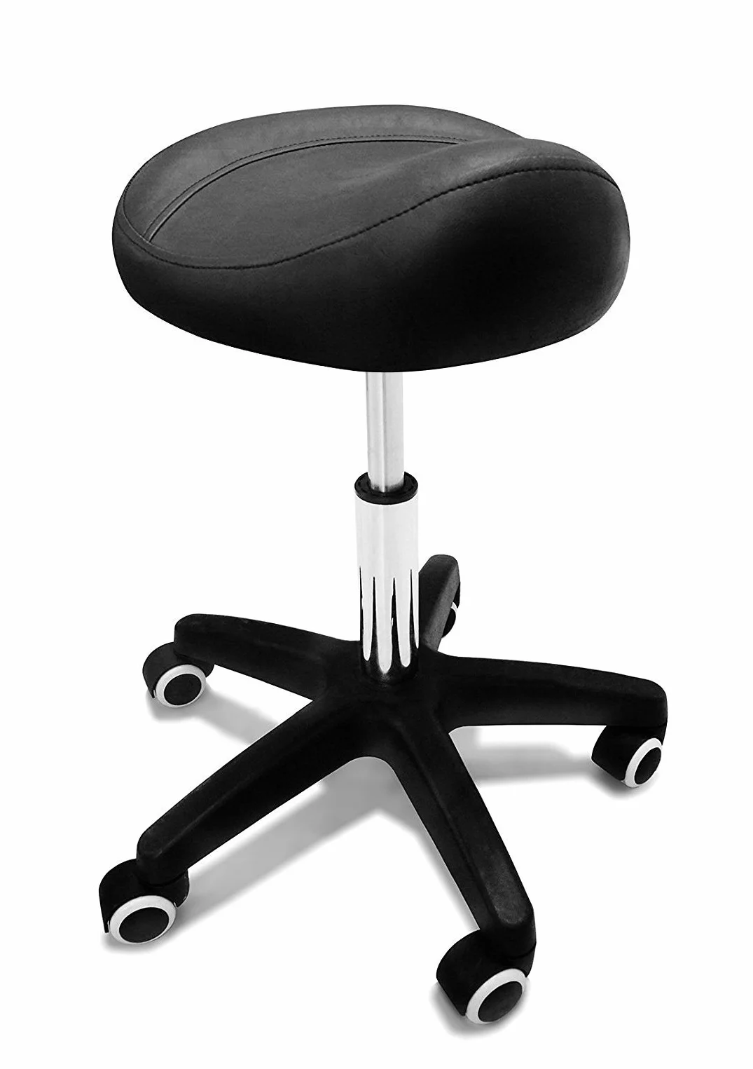 Taburete de Trabajo Giratorio 360º, Altura Regulable, Asiento de Cuero Sintético, Negro