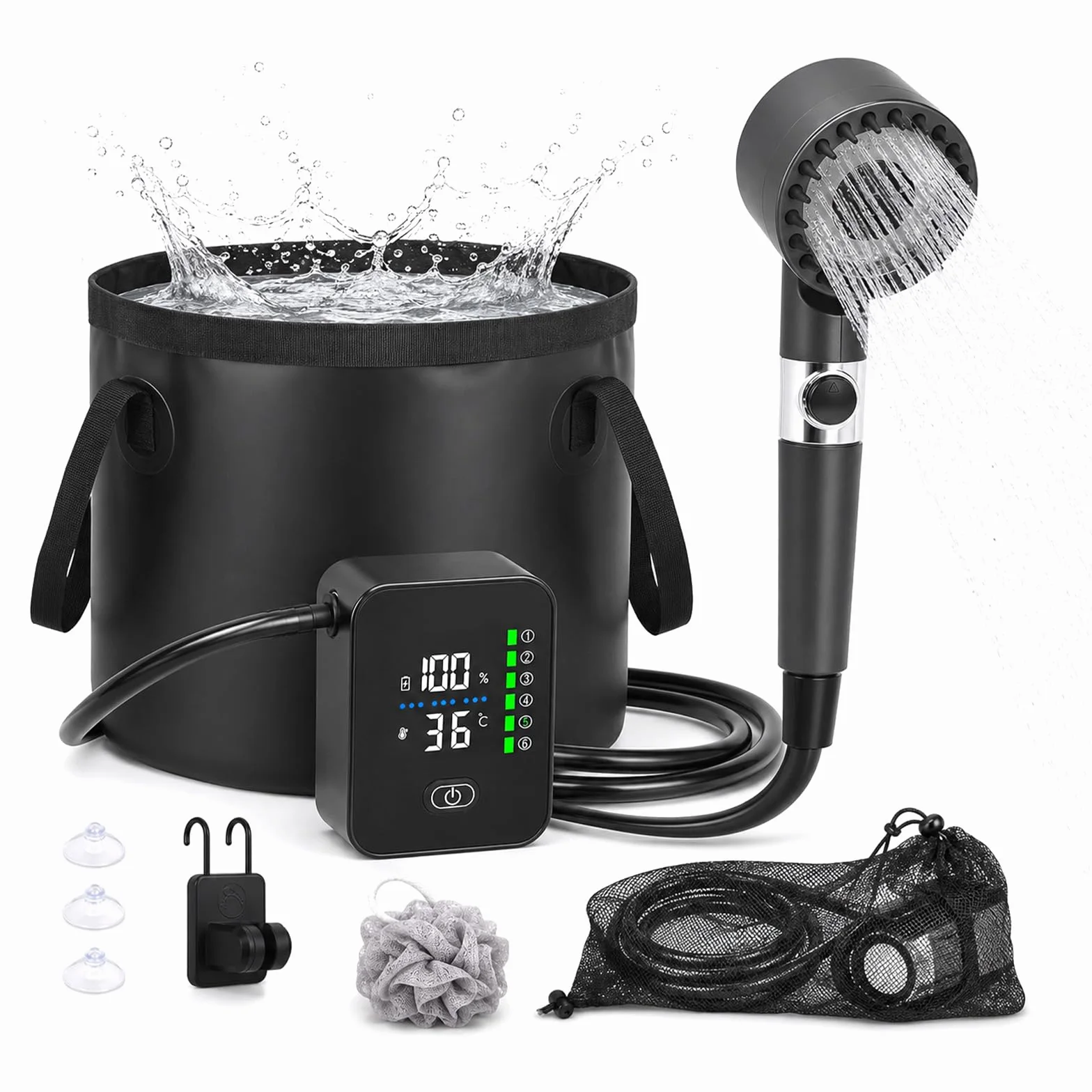 Ducha de camping portátil, con bomba, batería recargable de 8000 mAh, juego de ducha móvil, incluye cabezal de ducha ajustable, con cubo plegable de 20 L, resistente al agua IPX7 (sin