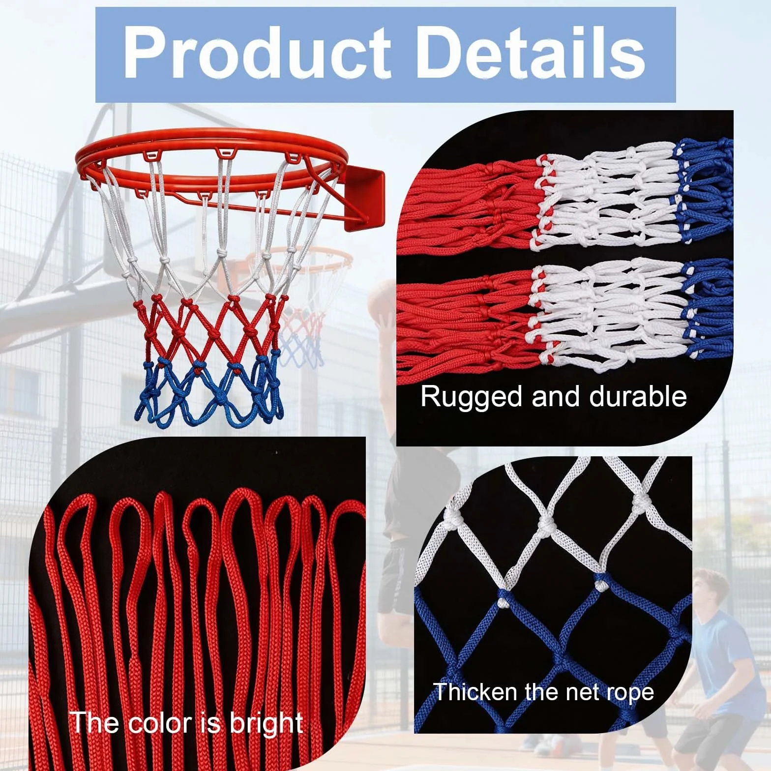 Red de Baloncesto Tricolor Blanco Azul Rojo Pack 4 Redes Aro Estándar 12 Lazos Poliéster Resistente para Interior Exterior Canasta