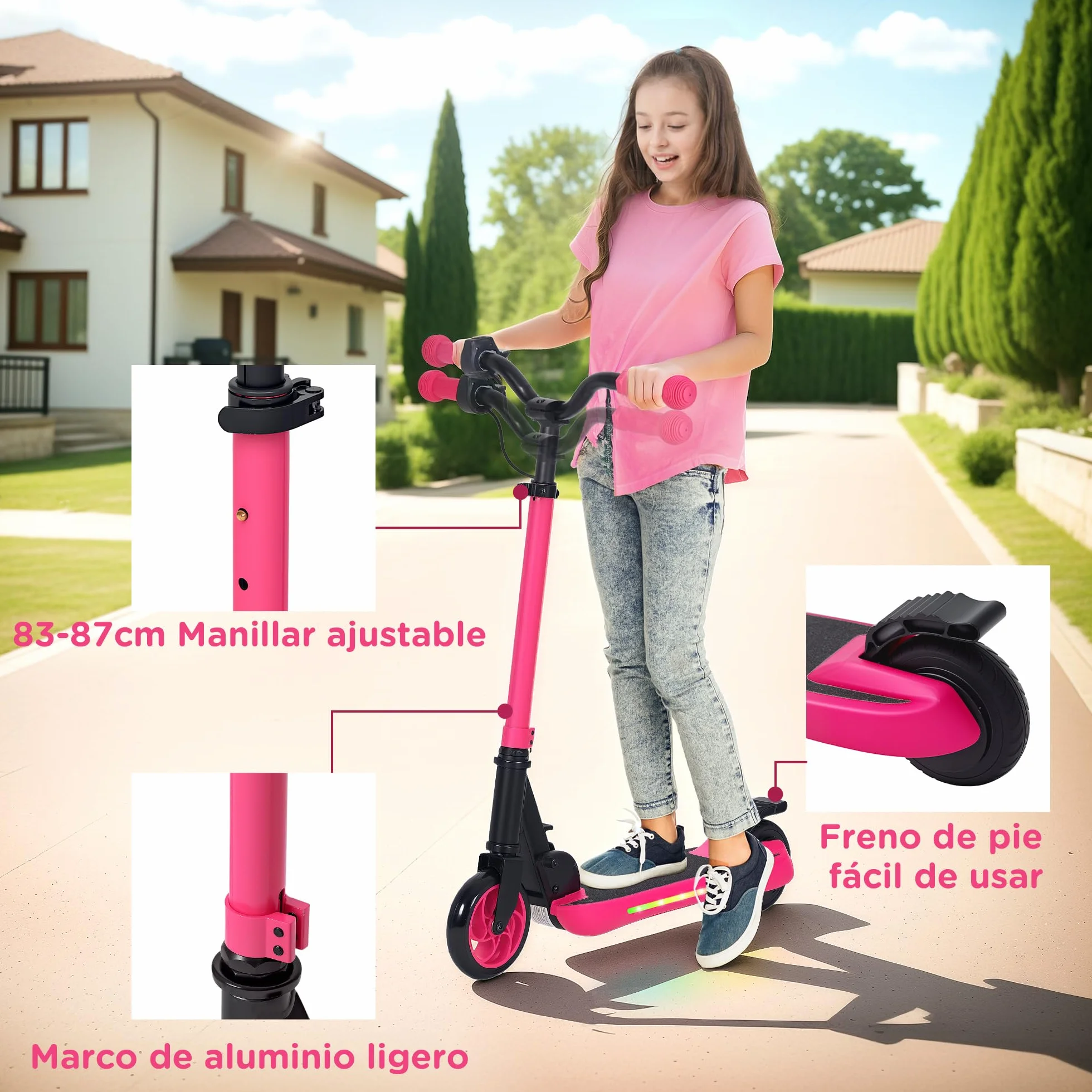 SPORTNOW Patinete Eléctrico Plegable MAX 10 KM/H Patín Eléctrico de +6 Años Motor 120 W Autonomía 6 KM Ruedas de 5" - 5,5" Freno Posterior Altura Ajustable Luces LED y Marco de Aluminio