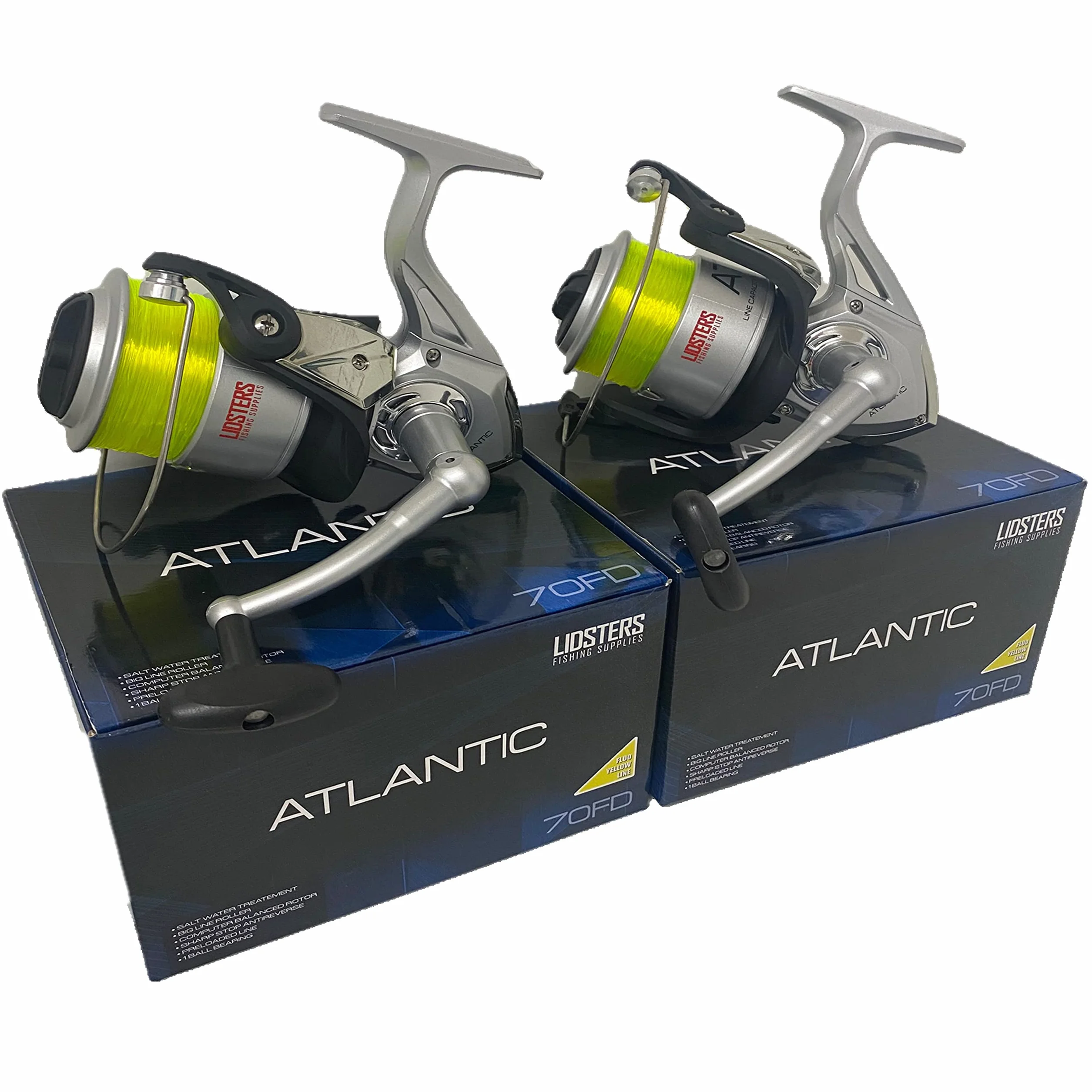 2 carretes grandes Atlantic 7000 FD para pesca en el mar, carrete de muelle de playa y línea amarilla 70