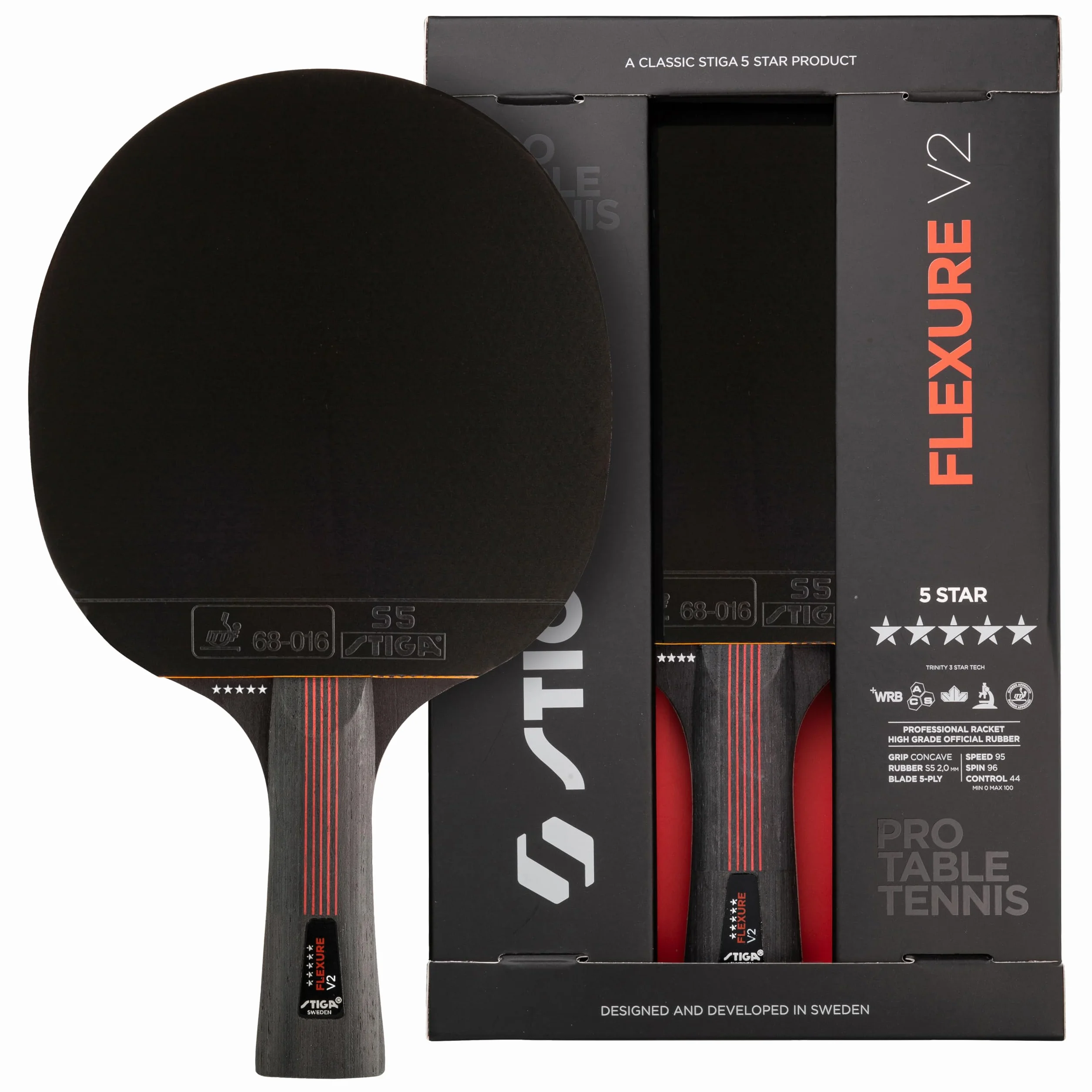 STIGA Flexure V2 Pala de Tenis de Mesa 5 Estrellas Goma STAR5 ITTF Agarre Ergonómico
