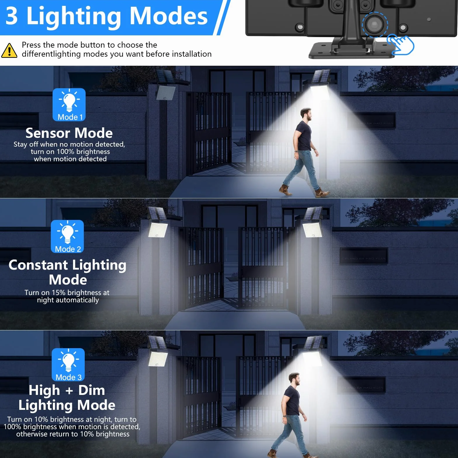 Realky Lampara Solar Exterior 113 LEDs 2000mAh 4 Modos Sensor Movimiento Foco LED Jardin Cable 5m