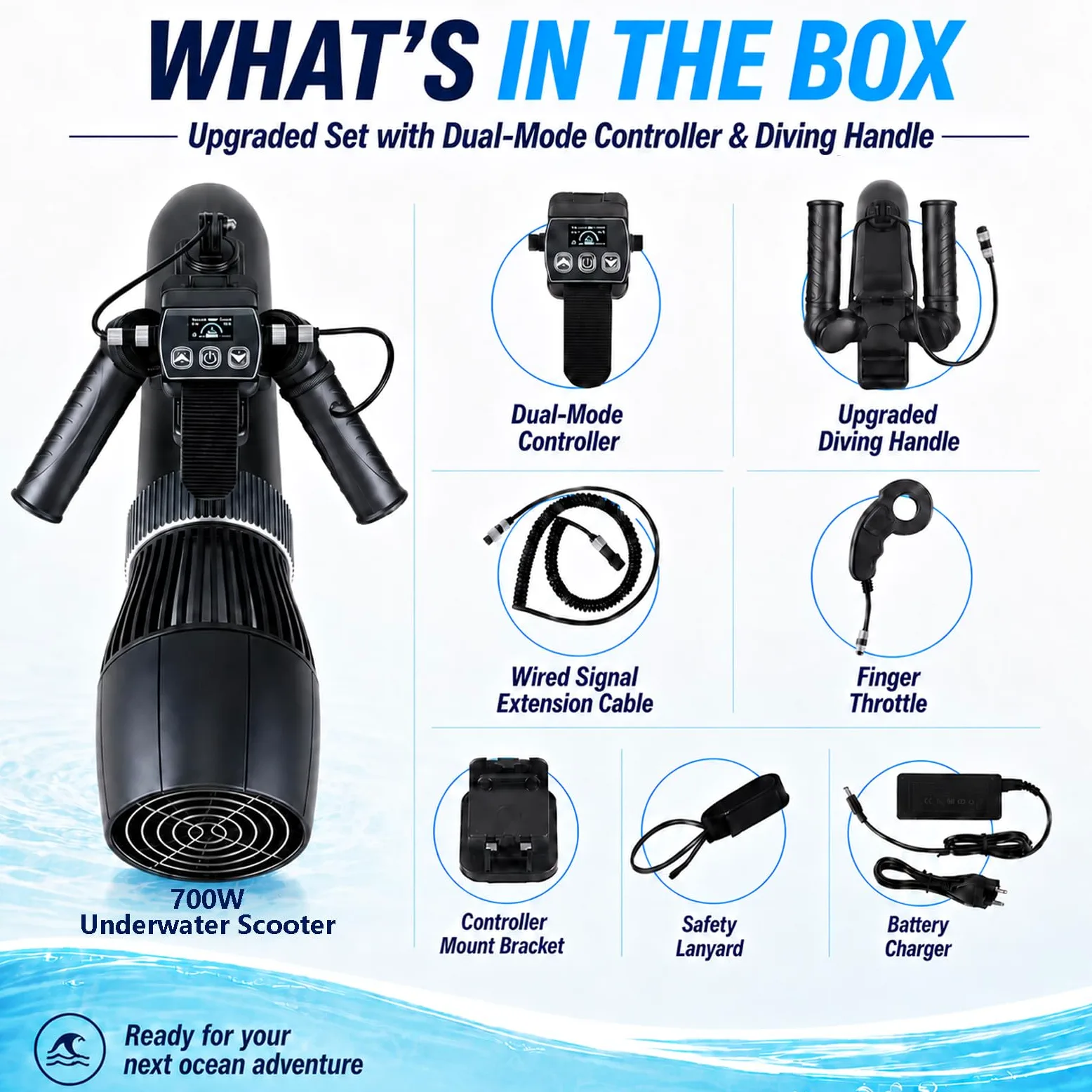 Scooter Submarino con Controlador Doble Modo y Asa de Buceo Ajustable, Profundidad 30M, Scooter Marino para Snorkel, Entrenamiento en Piscina, Tablas de SUP y Aventuras en Aguas Tranquilas 700W