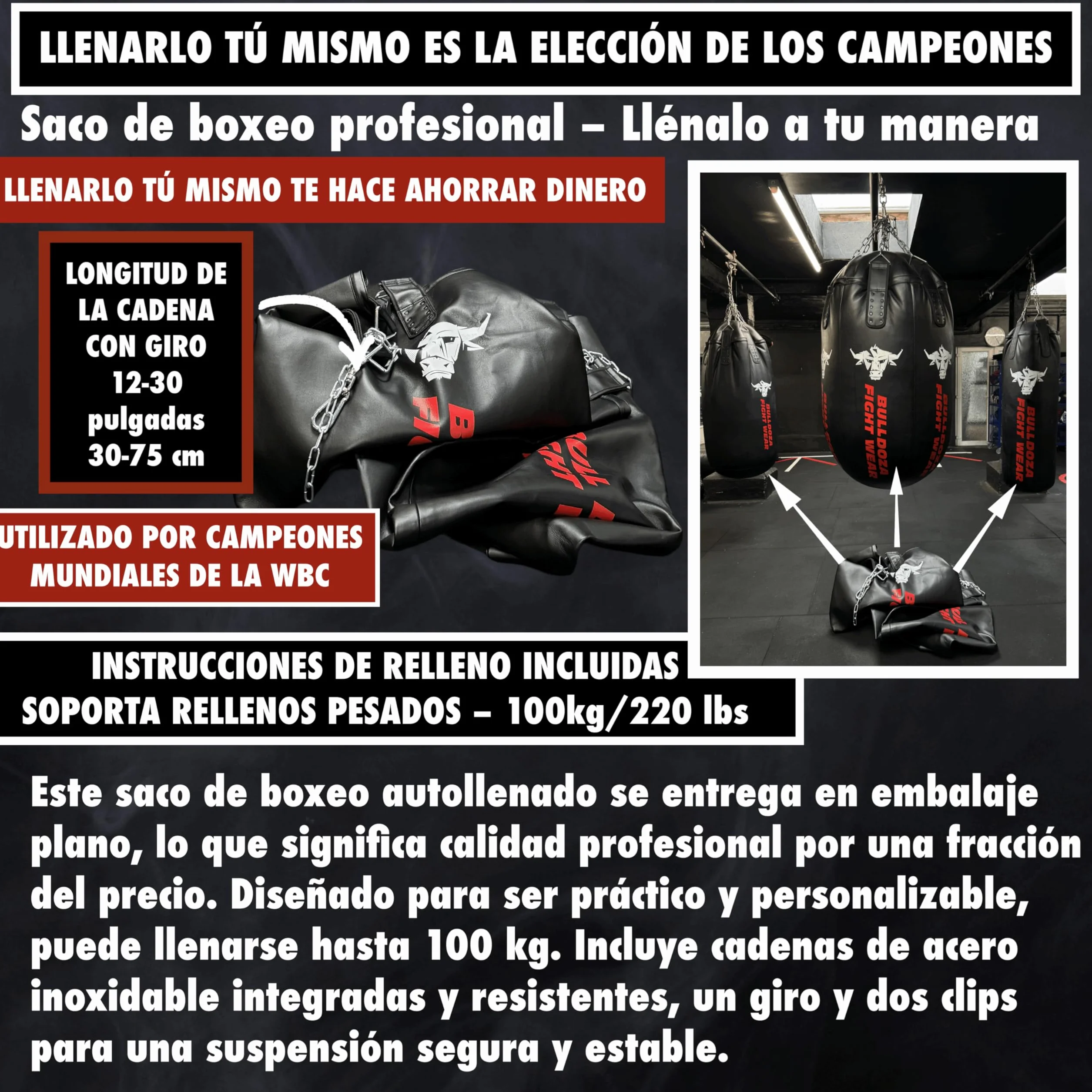 XL Tank Bull Doza Fight Wear - Saco de boxeo con cadenas colgantes, giratorio, mosquetones, bolsa de boxeo