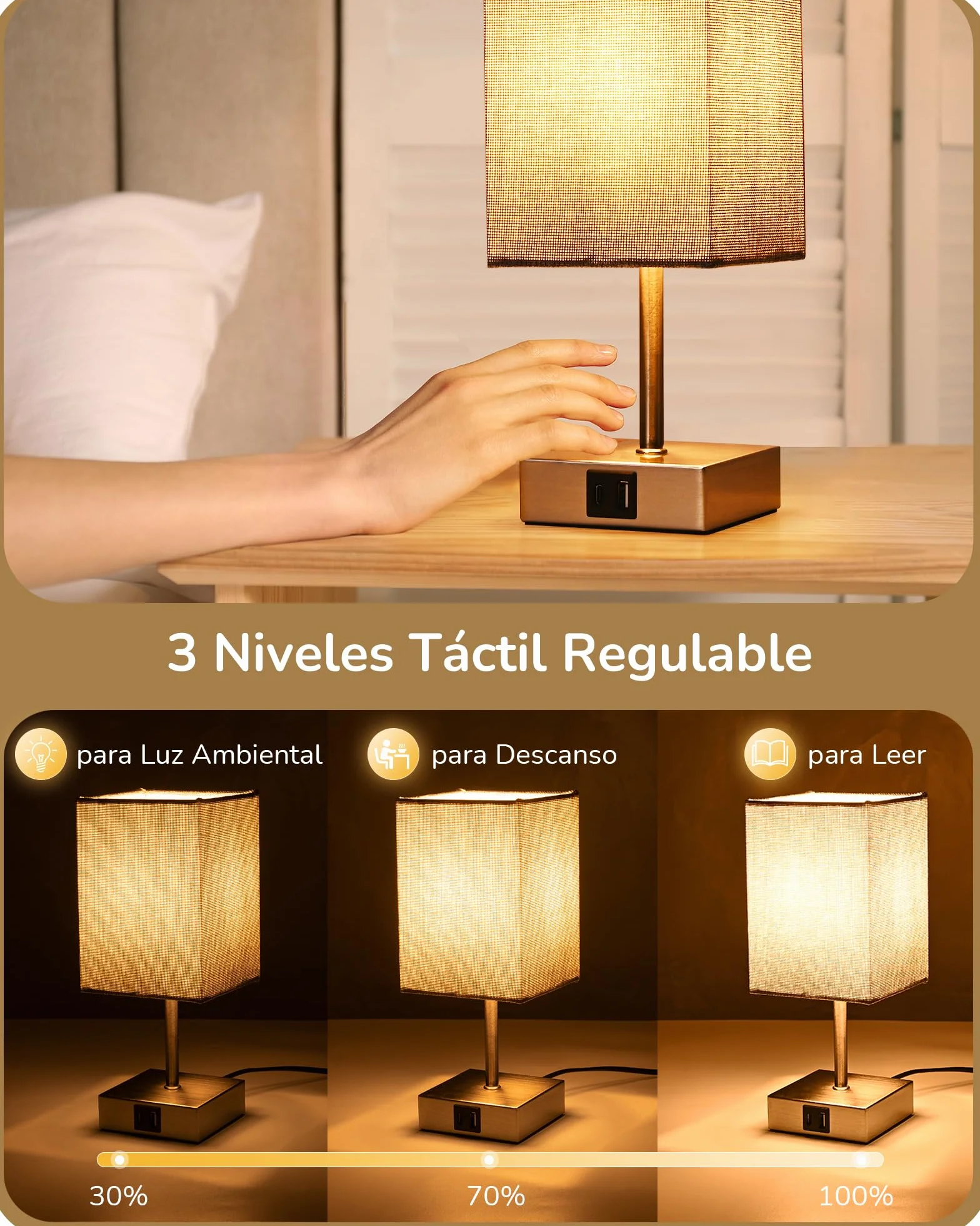 EDISHINE Lámpara de Noche LED Regulable Táctil 2 Lámparas de Mesa Modernas con Puertos USB Gris