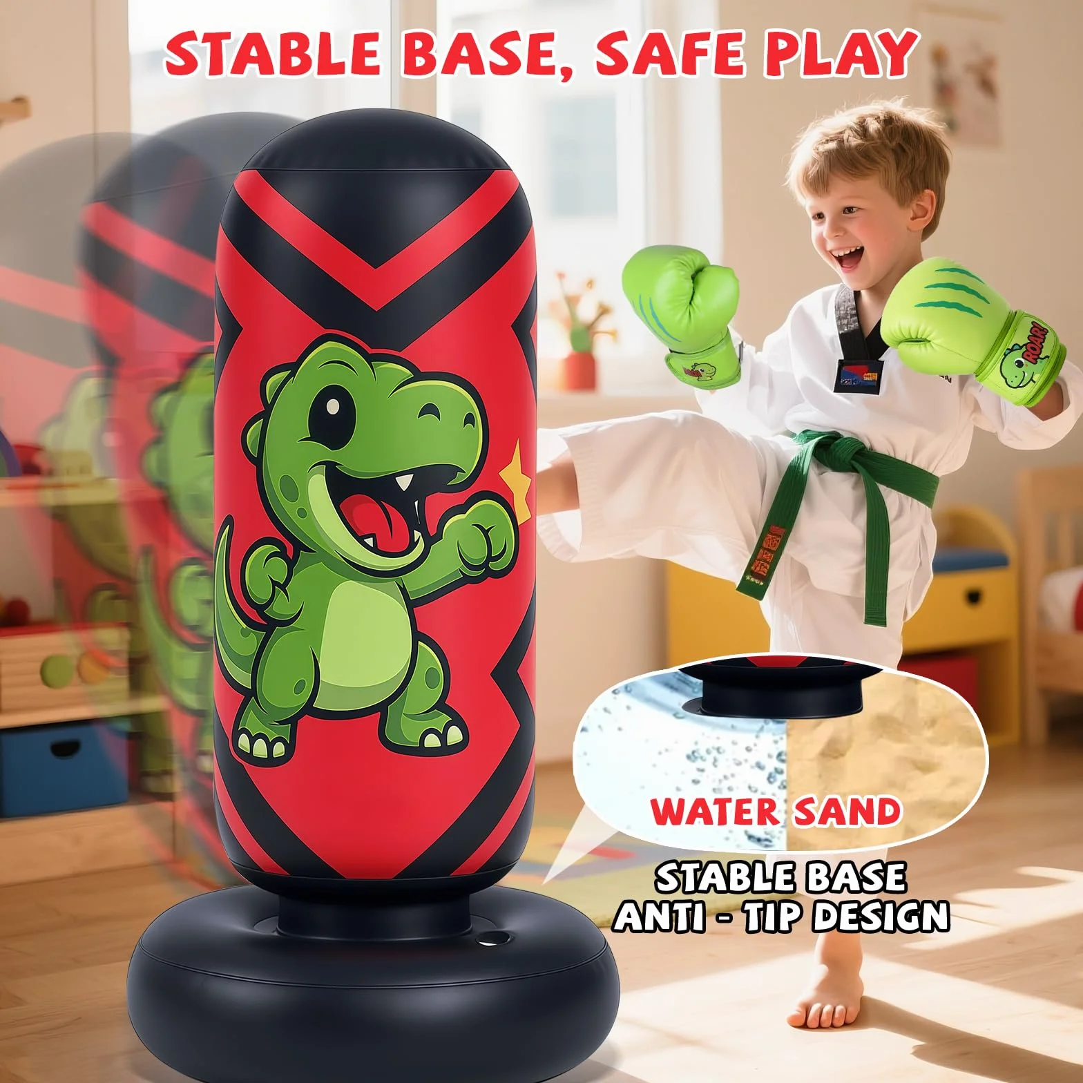 Qoosea Saco de Boxeo Niños, 130cm Bolsa de Boxeo Inflable de Pie con Guantes, Punching Ball Estable para Karate Kickboxing MMA Taekwondo, Regalo Ideal para Niños y Niñas de 3-8 años