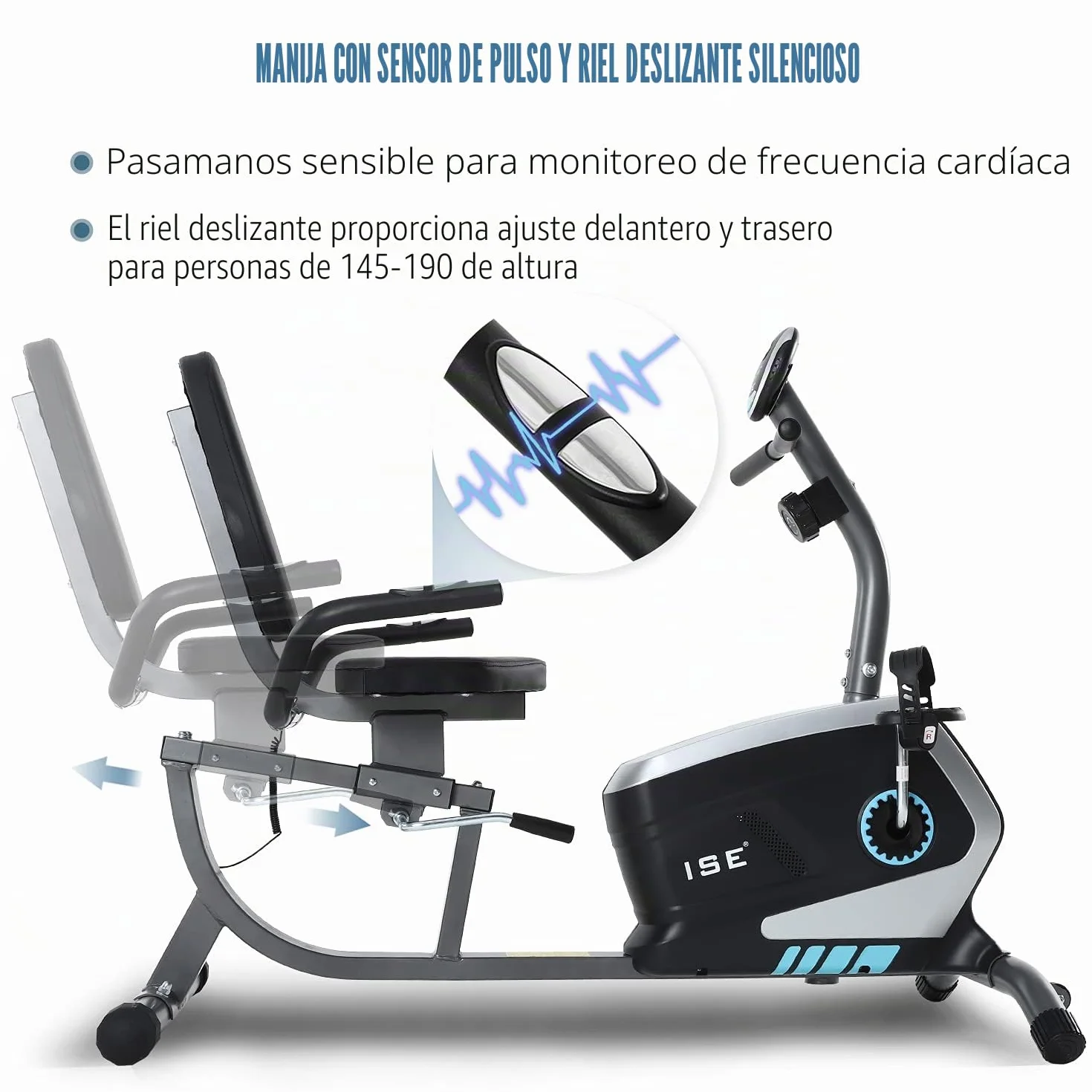 ISE Bicicleta Estática con Respaldo para casa, Bicicleta Estatica Magneticacon 8 Niveles de Resistencia,Sensor de Pulso, Bicicletas Estaticas Rehabilitacion indoor,Bici estatica profesional Máx.120 kg