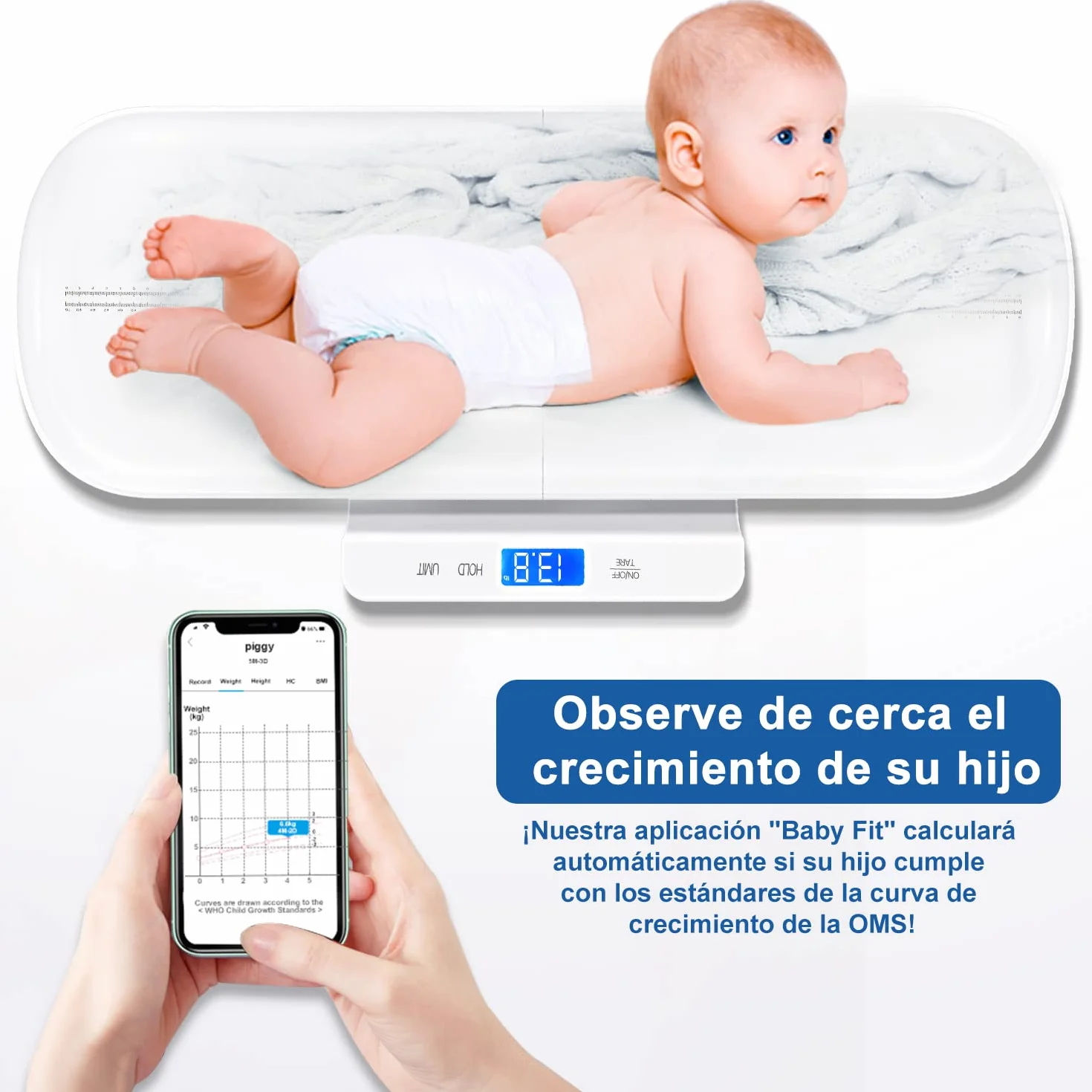 Báscula Bebé Digital Bluetooth con Bandeja Extraíble, Tara y Retención, App Gratuita, 100 kg