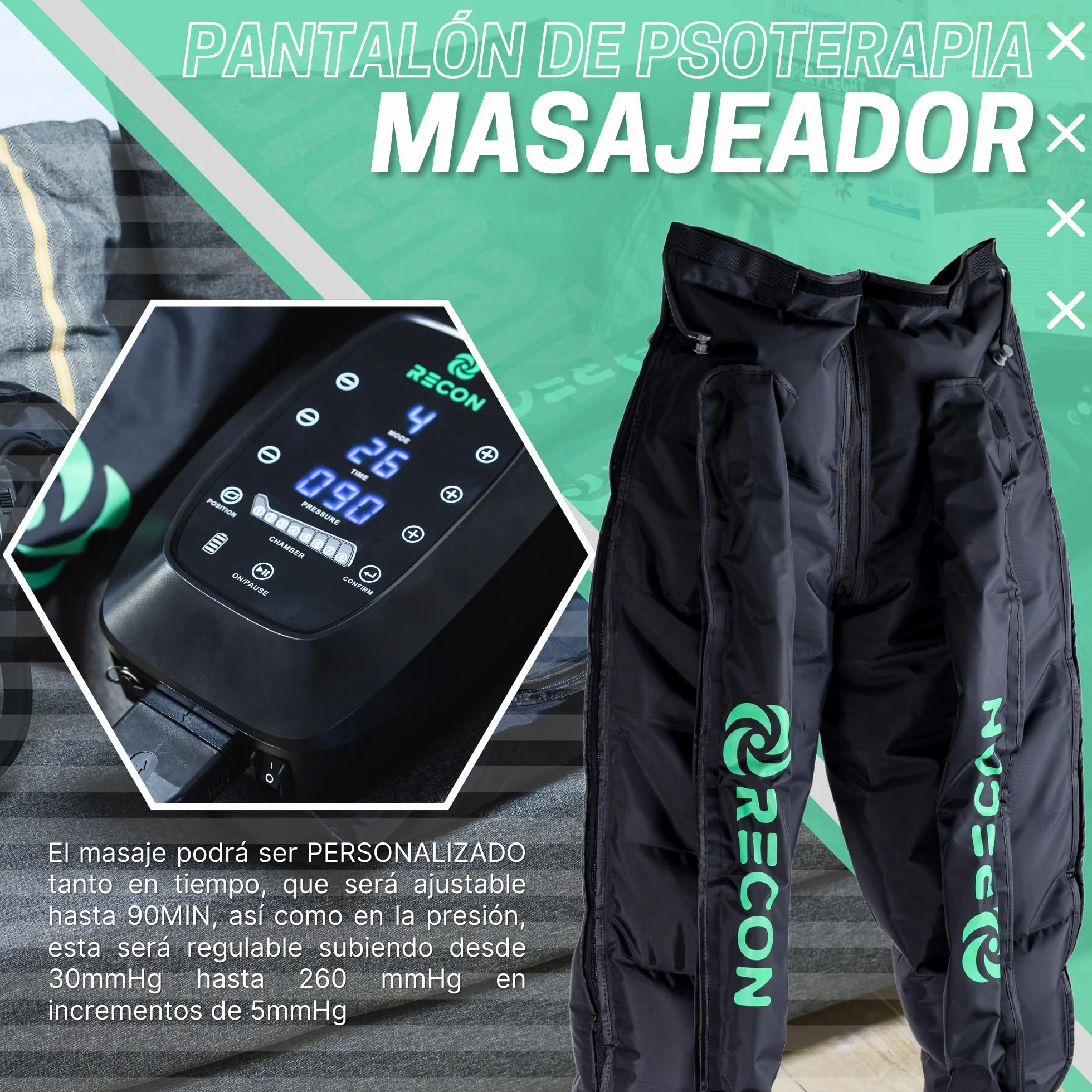 Pantalón de Presoterapia Masajeador Recon 8 Cámaras 6 Modos Batería