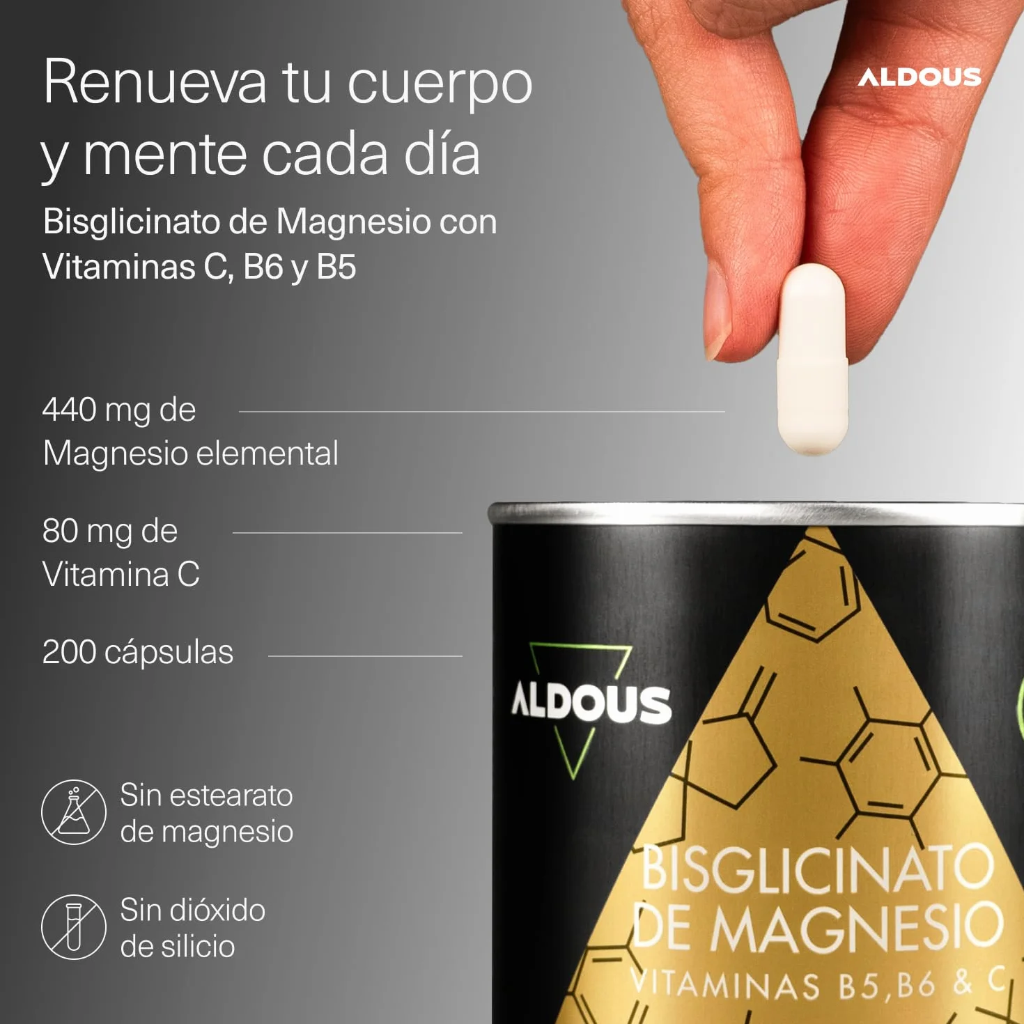 ALDOUS Magnesio Bisglicinato 200 Cápsulas Alta Biodisponibilidad Vitamina C B6 B5