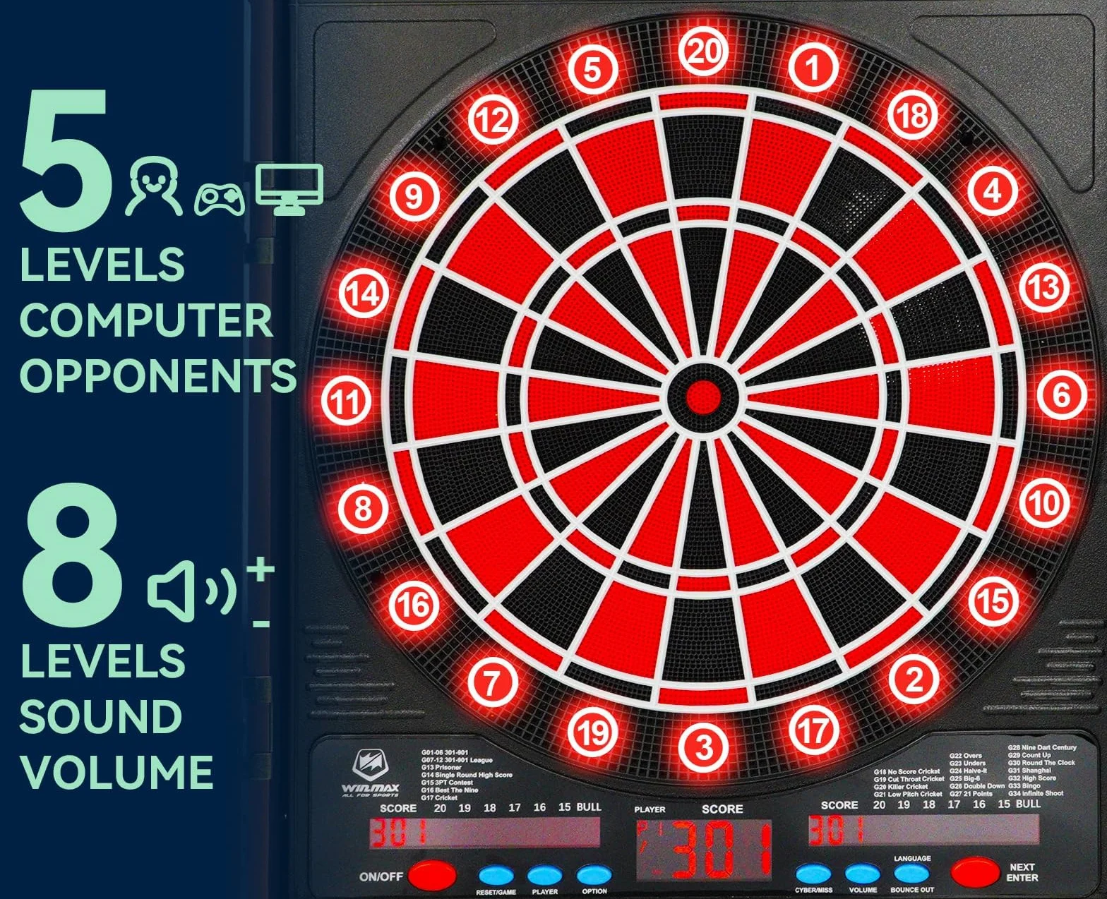 WIN.MAX Dianas Electrónicas de Dardos, Decorativo Diana Dardos Gabinete Set Ofrece 34 Juegos para hasta 8 Jugadores Incluyendo 12 Flechas de Punta Suave