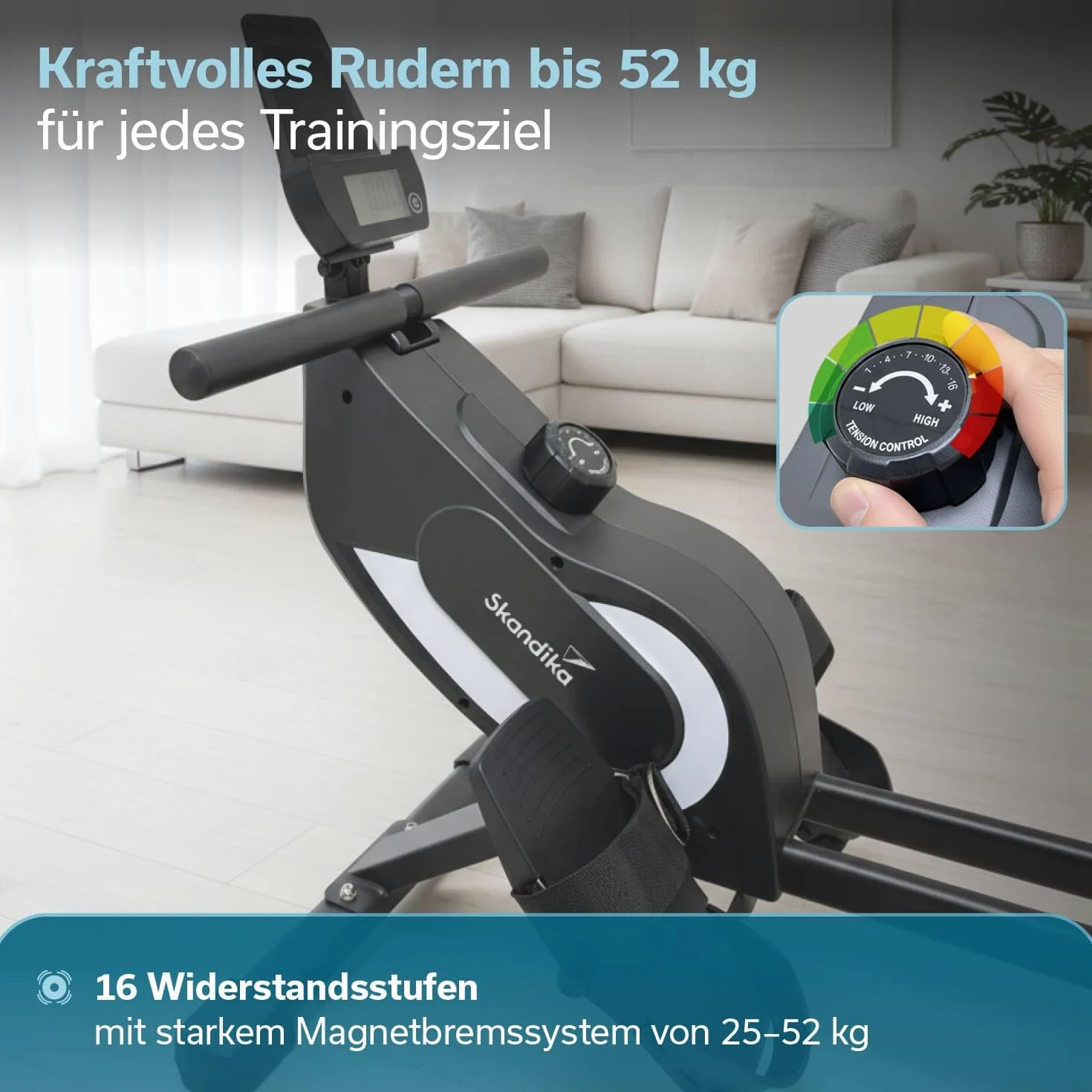 Skandika Máquina de Remo para casa Venn P5-M - Resistencia magnética - guía Larga - 16 Niveles - Bluetooth - Compatible con la aplicación Kinomap - hasta 135 kg
