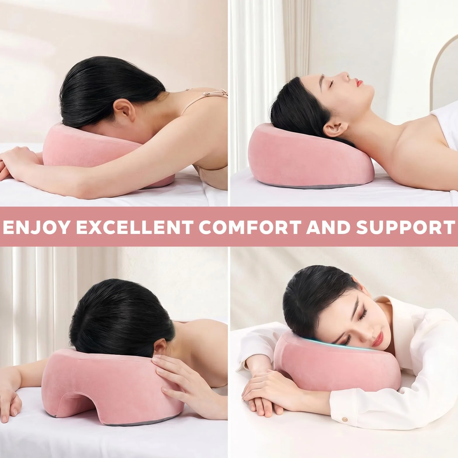 Almohada de Masaje Facial Boca Abajo con Agujero - Reposacabezas en Forma de U con Espuma Viscoelástica Rosa