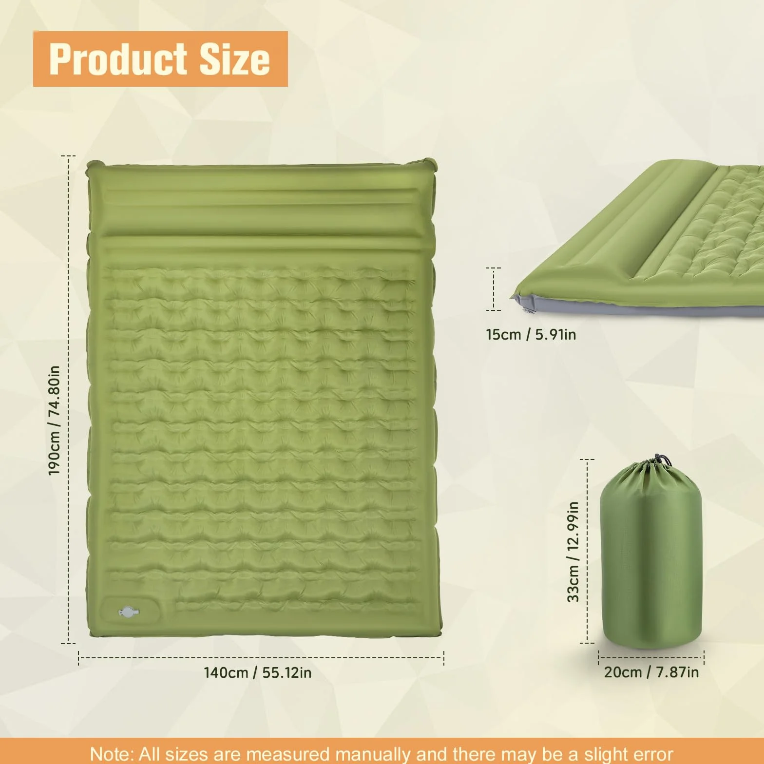 colchoneta camping 2 persona,15cm extra grueso colchón hinchable,190*140*15cm colchon camping con almohadas bomba de pie incorporada,colchón autoinflable ultraligero para exteriores máx 250KG