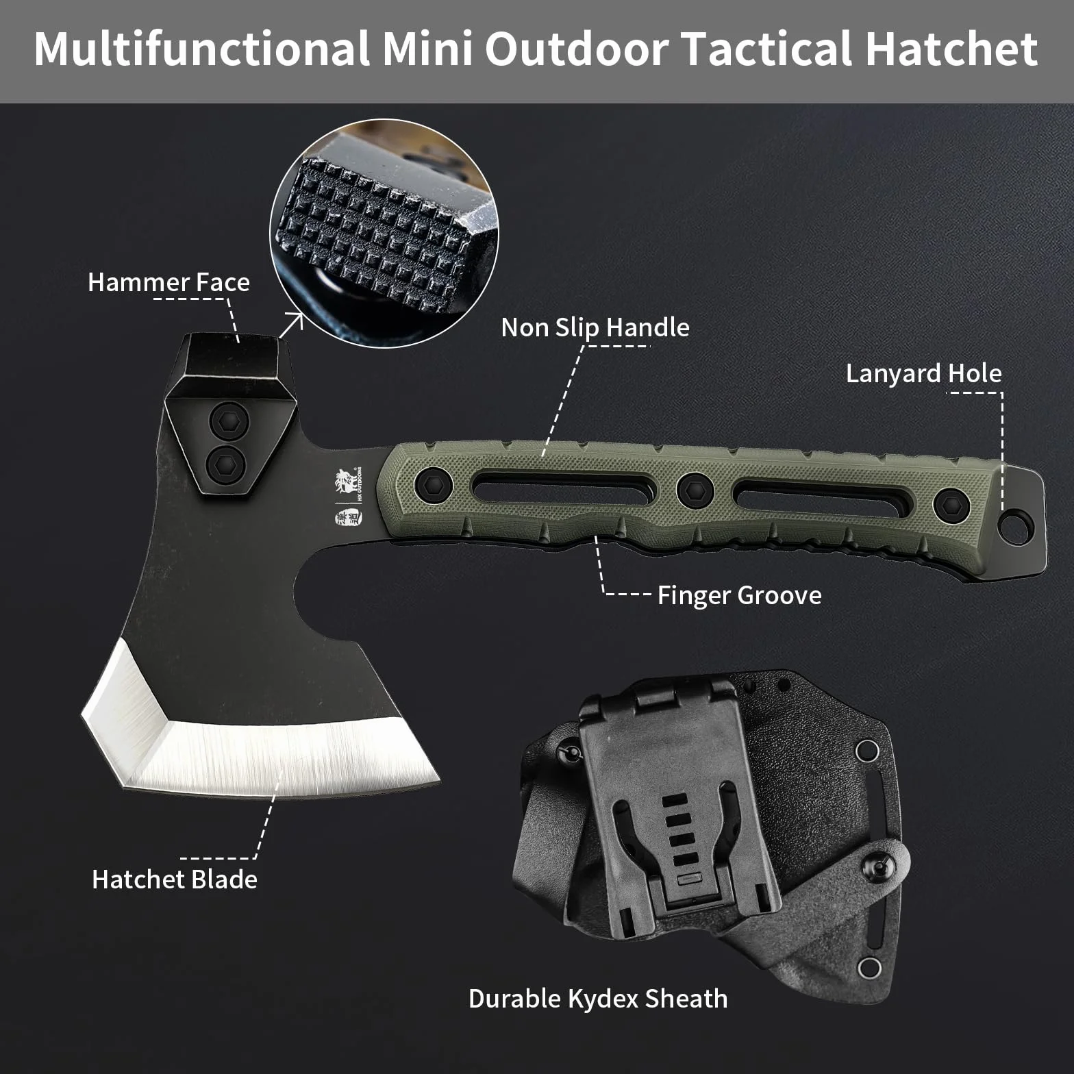 Hacha de Partir Multifuncional, Pequeña Hacha de Supervivencia y Táctica para Camping, Hachas de Mano para Bushcraft con Martillo y Funda de Kydex (Verde Militar)