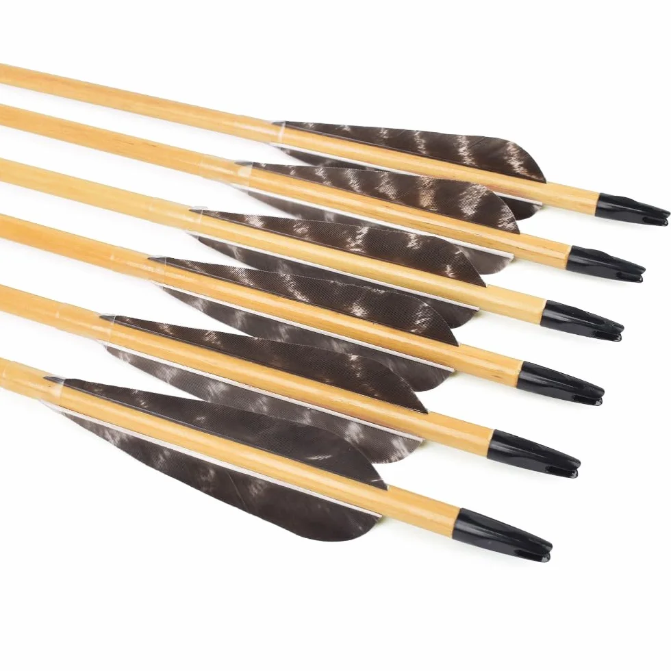 Juego de 12 flechas de madera de 80 cm, con plumas naturales de 100 cm, para tiro arco, hechas a mano, para arco tradicional recurvo