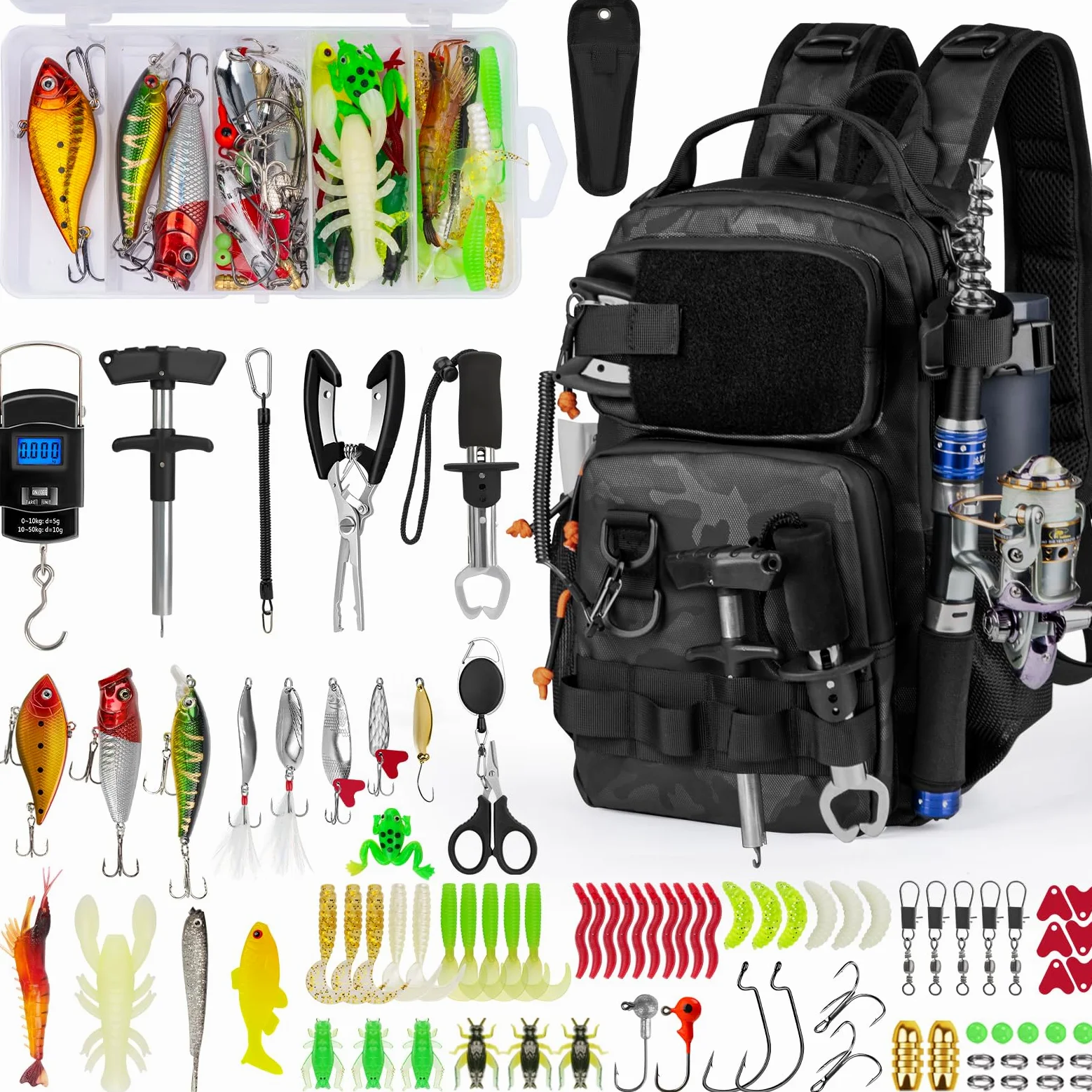 THKFISH Kit de herramientas de pesca, mochila y caja de aparejos con aparejos incluidos, anzuelos, plomos, accesorios, alicates, agarre de labios de pescado, equipo de pesca y regalo de pesca para