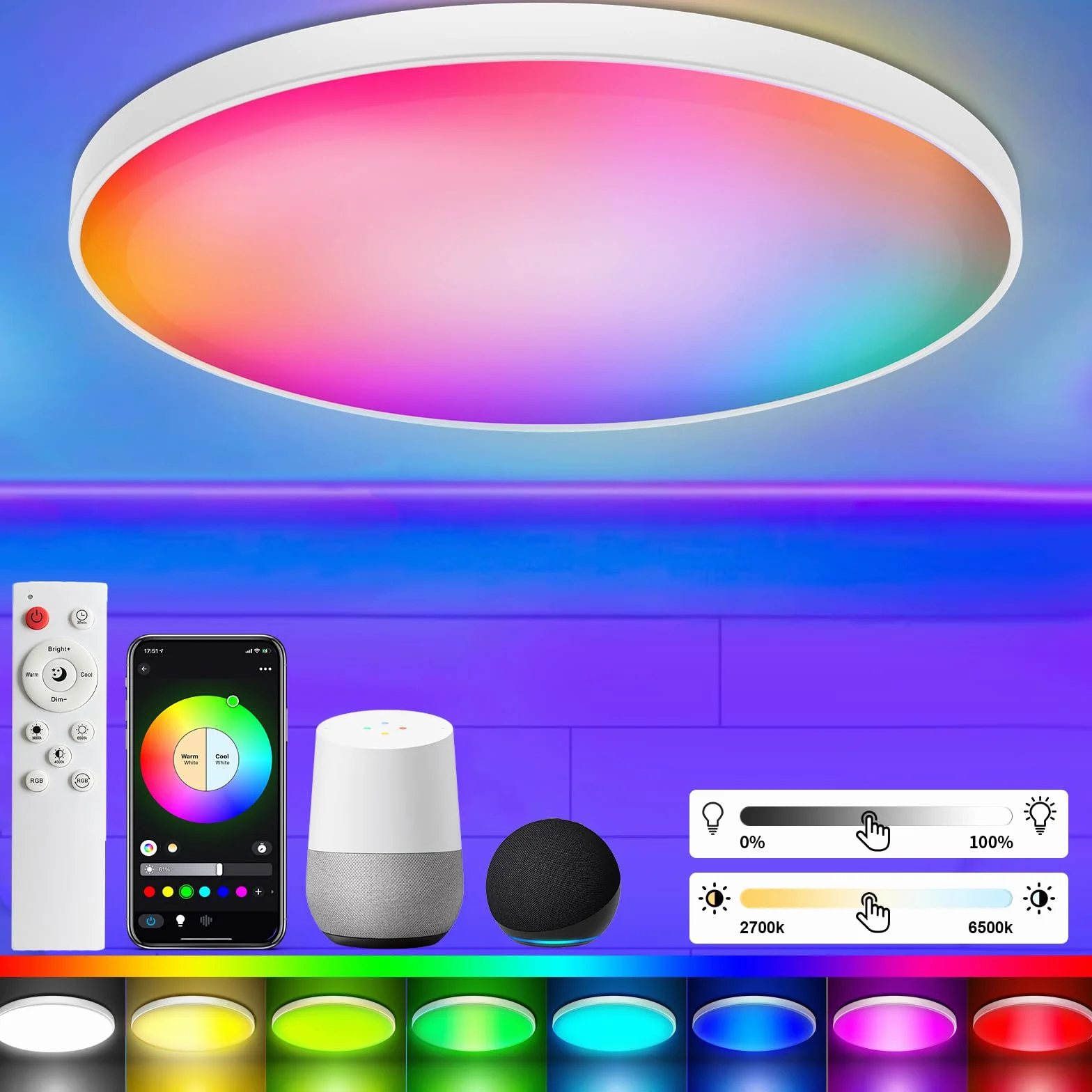 Lámpara Techo LED 30W RGB Regulable 2700K-6500K Compatible con Alexa & Google Home