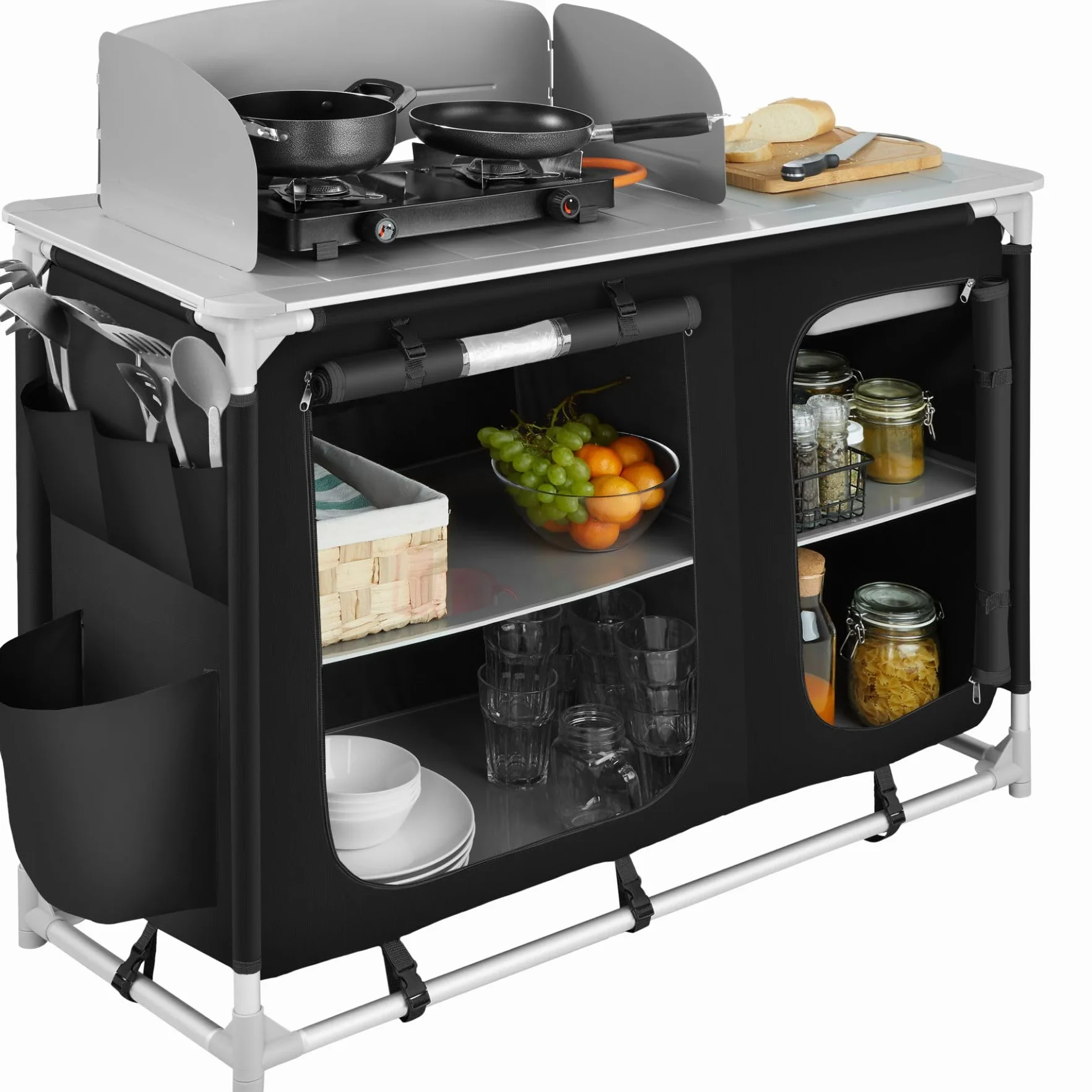 tectake® Cocina de Camping Plegable, Ligera, con Bolsa de Transporte, Accesorios de Cocina, Mesa Plegable Camping, Estructura de Aluminio - Negro