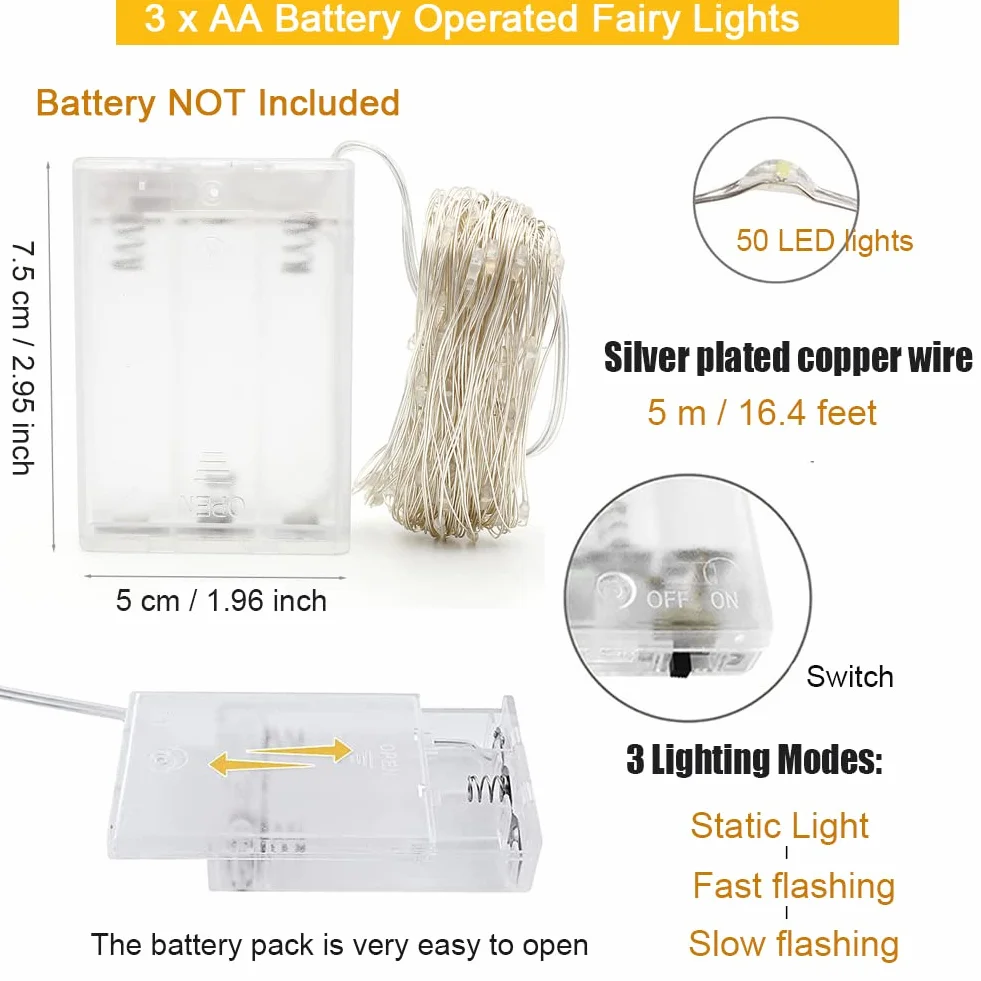 Luces LED Pilas 5m 50 LED Cadena de Luces Intermitente Guirnalda para Decoración Navidad (4Pcs Blanco Cálido)