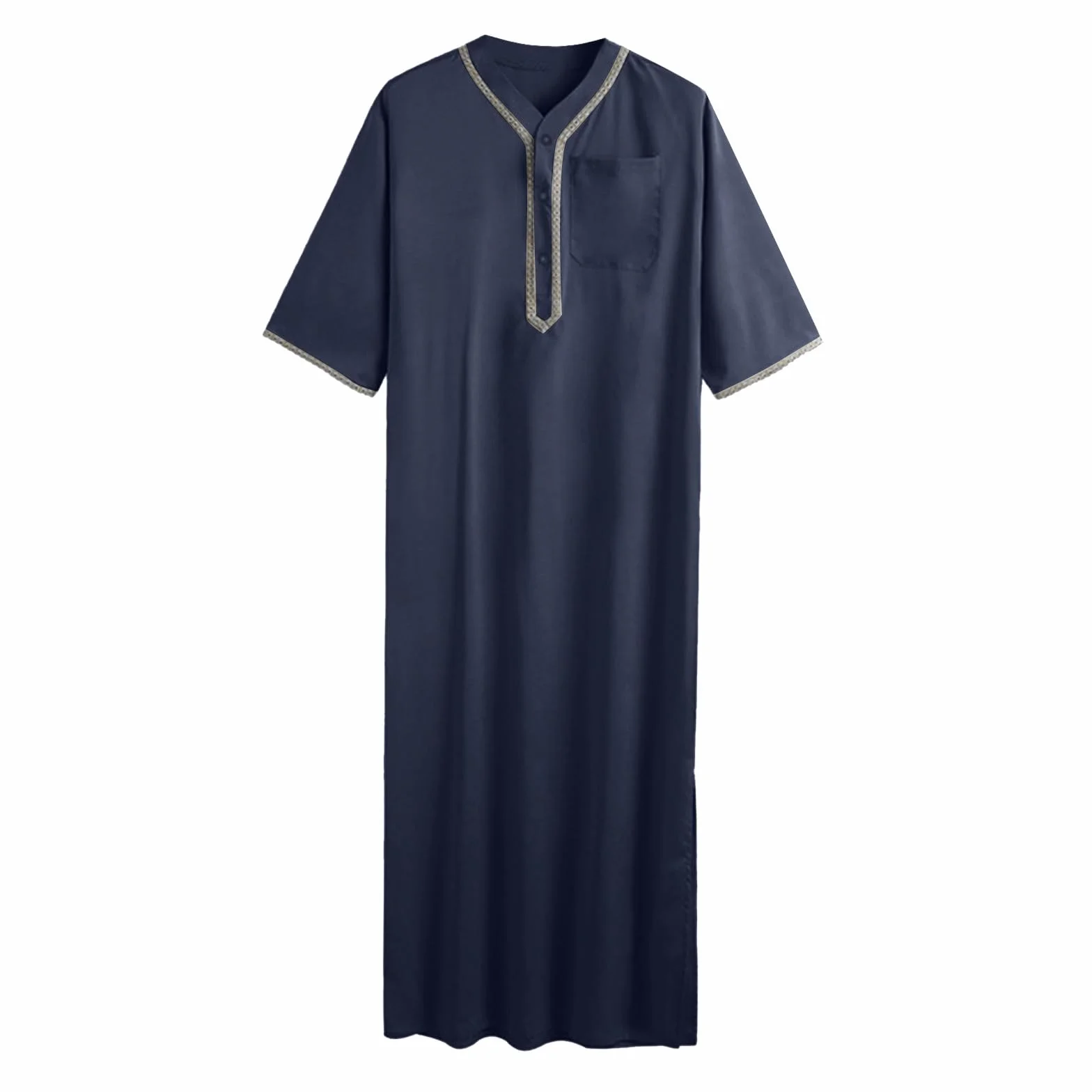 Caftán Hombre Algodón Lino Verano Jilbab Cuello en V Abaya Musulmán Árabe Islámico Ropa Ramadán
