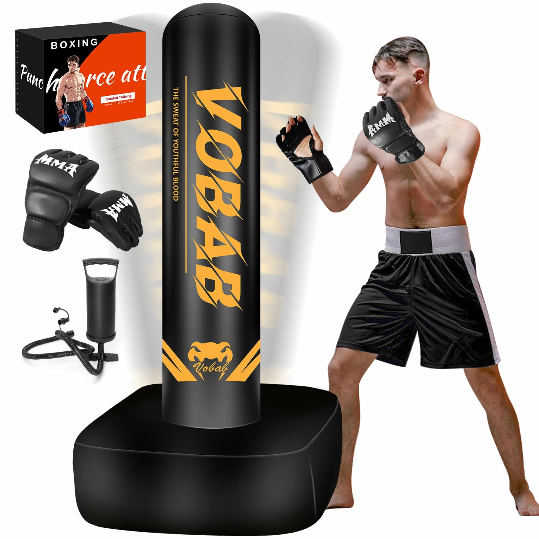 Boxeo pesado con base cuadrada, saco de boxeo, guantes de boxeo, bomba, caja de regalo premium para gimnasio en casa, MMA, fitness, saco de boxeo inflable para hombres