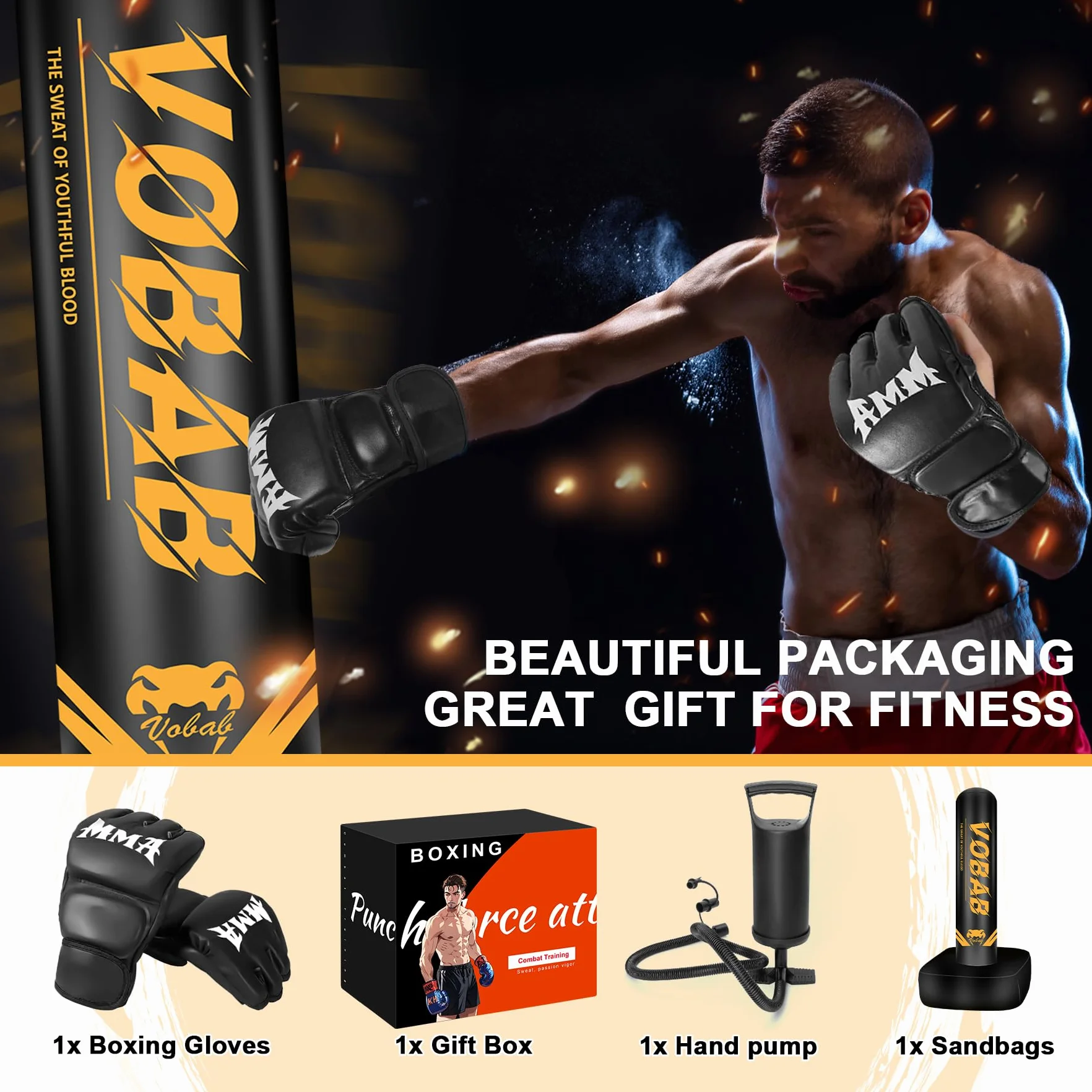 Boxeo pesado con base cuadrada, saco de boxeo, guantes de boxeo, bomba, caja de regalo premium para gimnasio en casa, MMA, fitness, saco de boxeo inflable para hombres