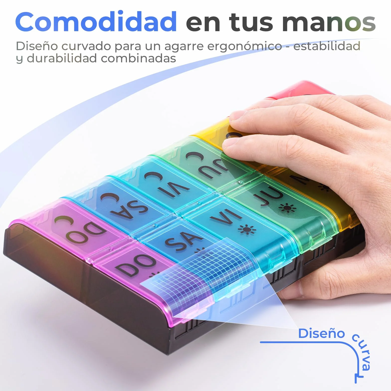 COLORWING Pastillero Semanal 2 Tomas Español, 14 Compartimentos XL, Organizador de Pastillas y Medicamentos