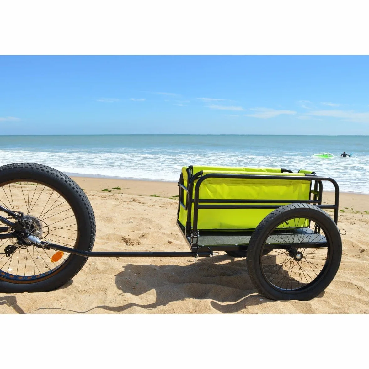 Bike Original – Remolque de bicicleta de playa – Aluminio plegable – Ruedas todoterreno de 20 pulgadas – Bolsa extraíble de gran capacidad – Carga máxima 60 kg – Fijación sobre eje rueda – Reflectores