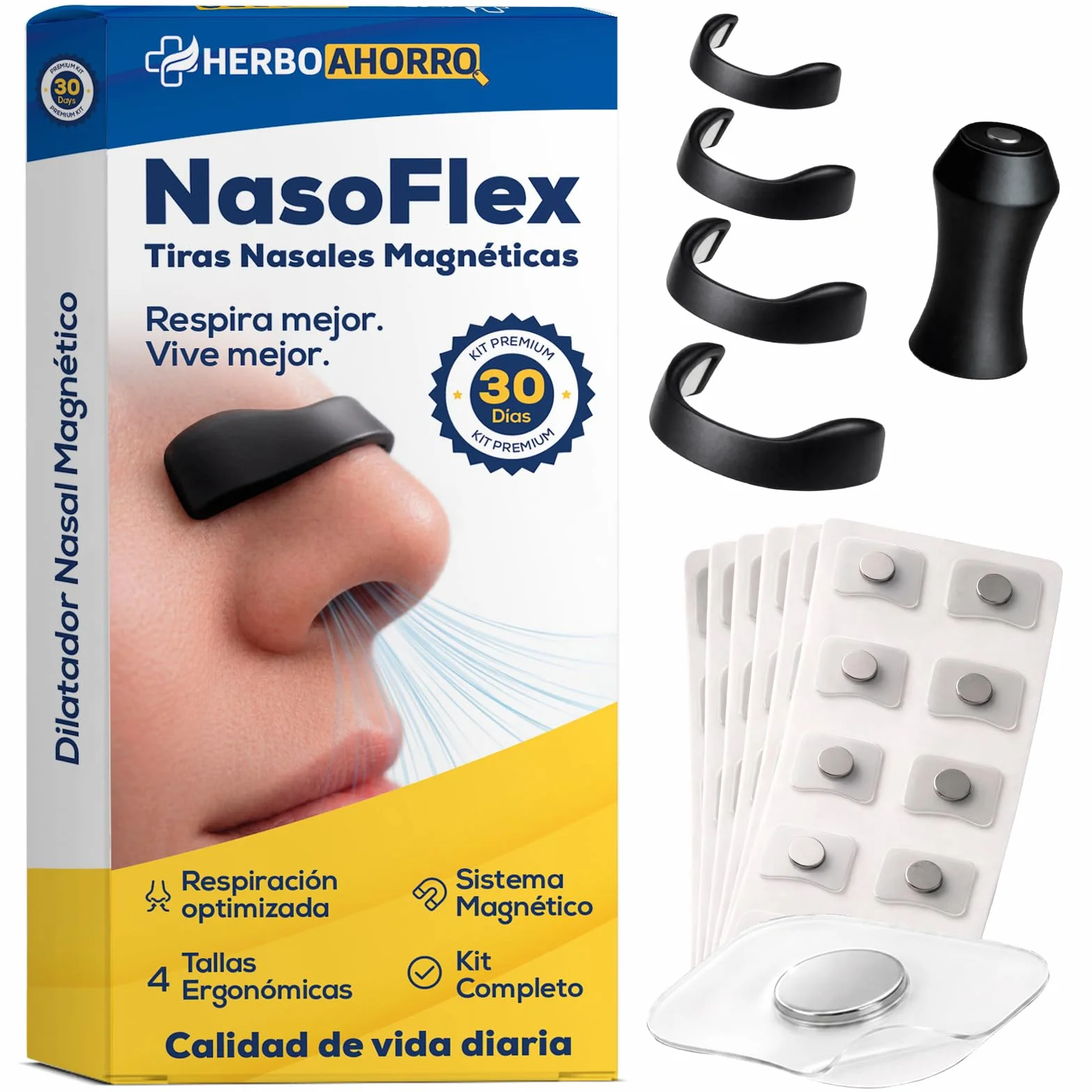 Tiras Nasales Magnéticas Dilatador Nasal Antirronquidos 60 Parches 30 Días 4 Tallas Aplicador HerboAhorro