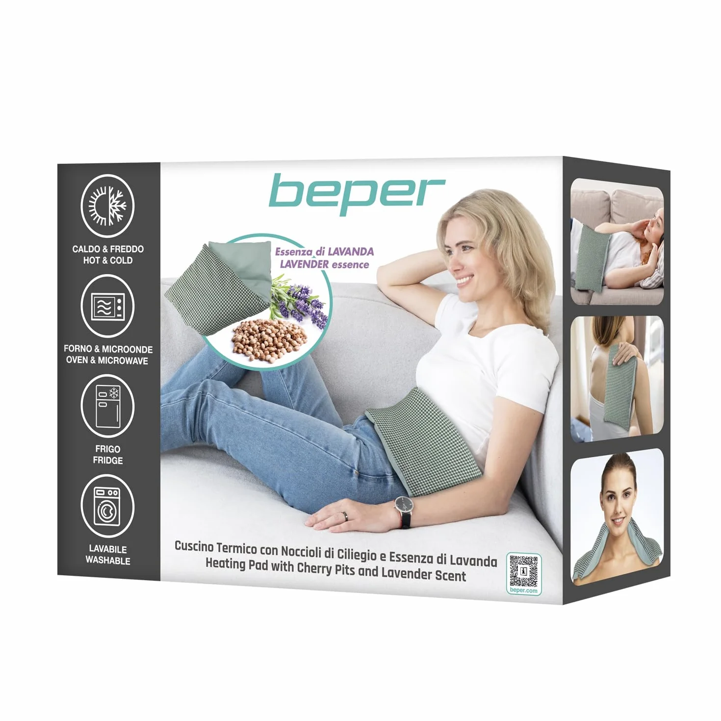 BEPER C302AAC003 Almohadilla térmica con huesos de cereza y lavanda, banda refrescante de algodón extraíble