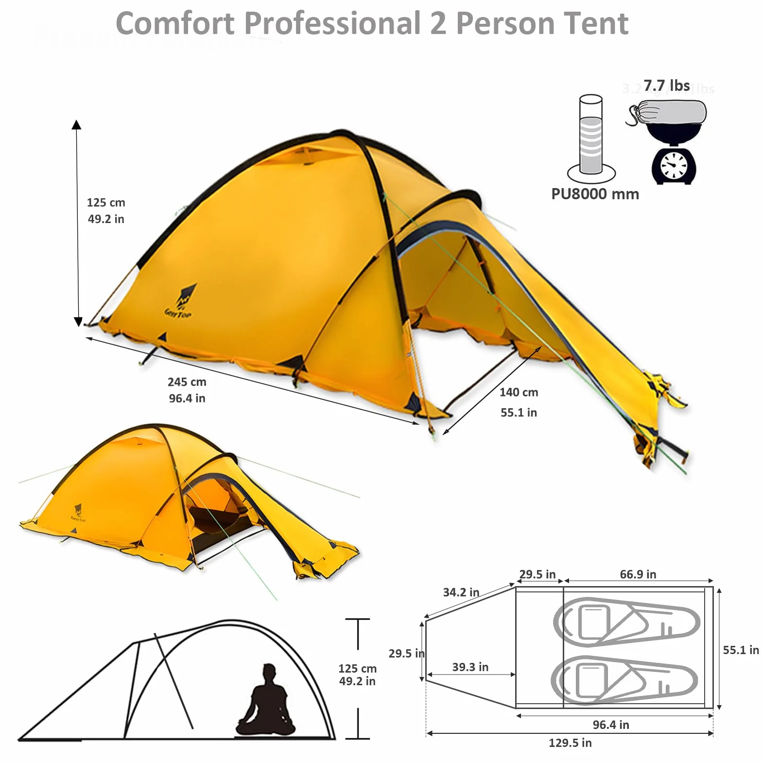 GEERTOP Tienda de campaña Alpino Ligera 20D para 4 Estaciones, 2 Personas, para Camping, Senderismo, Escalada, Viajes, con Sala de Estar