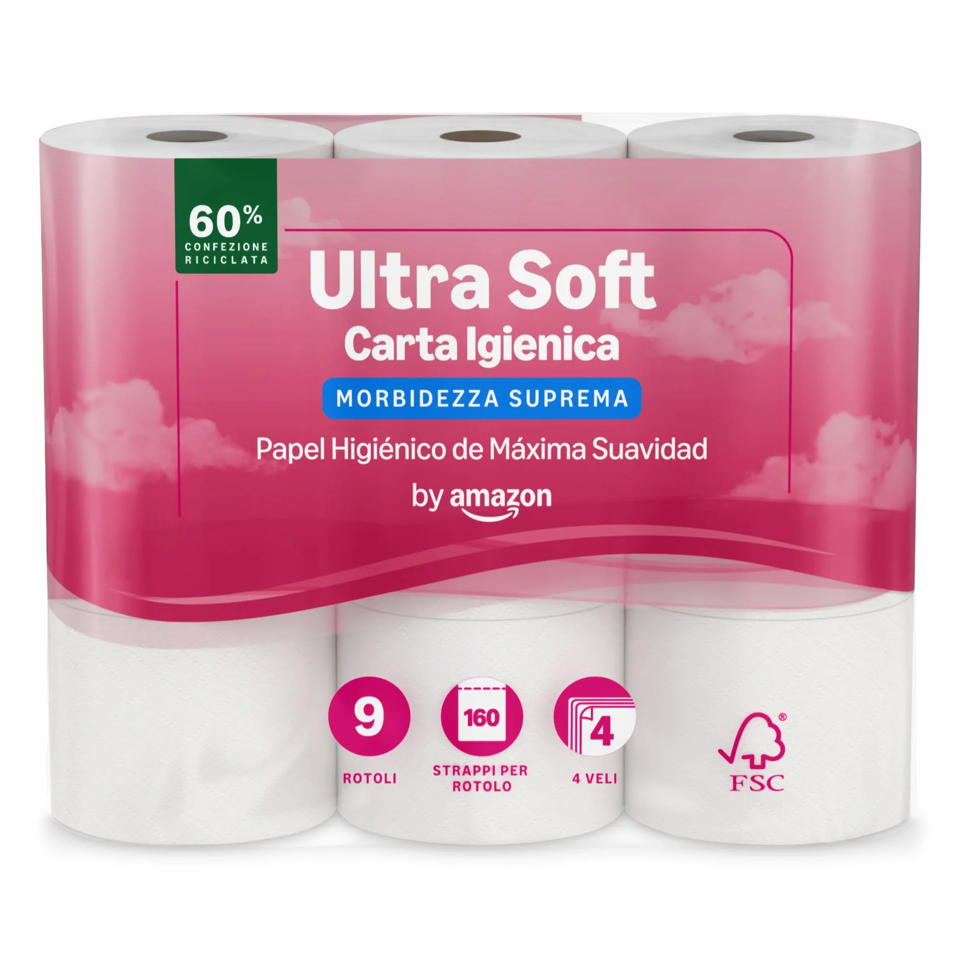 Amazon Papel Higiénico Ultrasuave 4 Capas 9 Rollos 160 Hojas por Rollo FSC