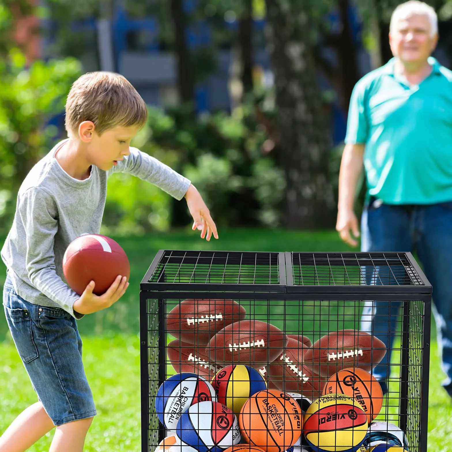 VEVOR Carro de Bolas con Cerradura 85x67,5x82,5 cm Jaula Móvil de Almacenamiento de Bolas con 4 Ruedas de Acero y Frenos Organizador para Equipo Deportivo Gimnasio Escuela Garaje Interior Exterior