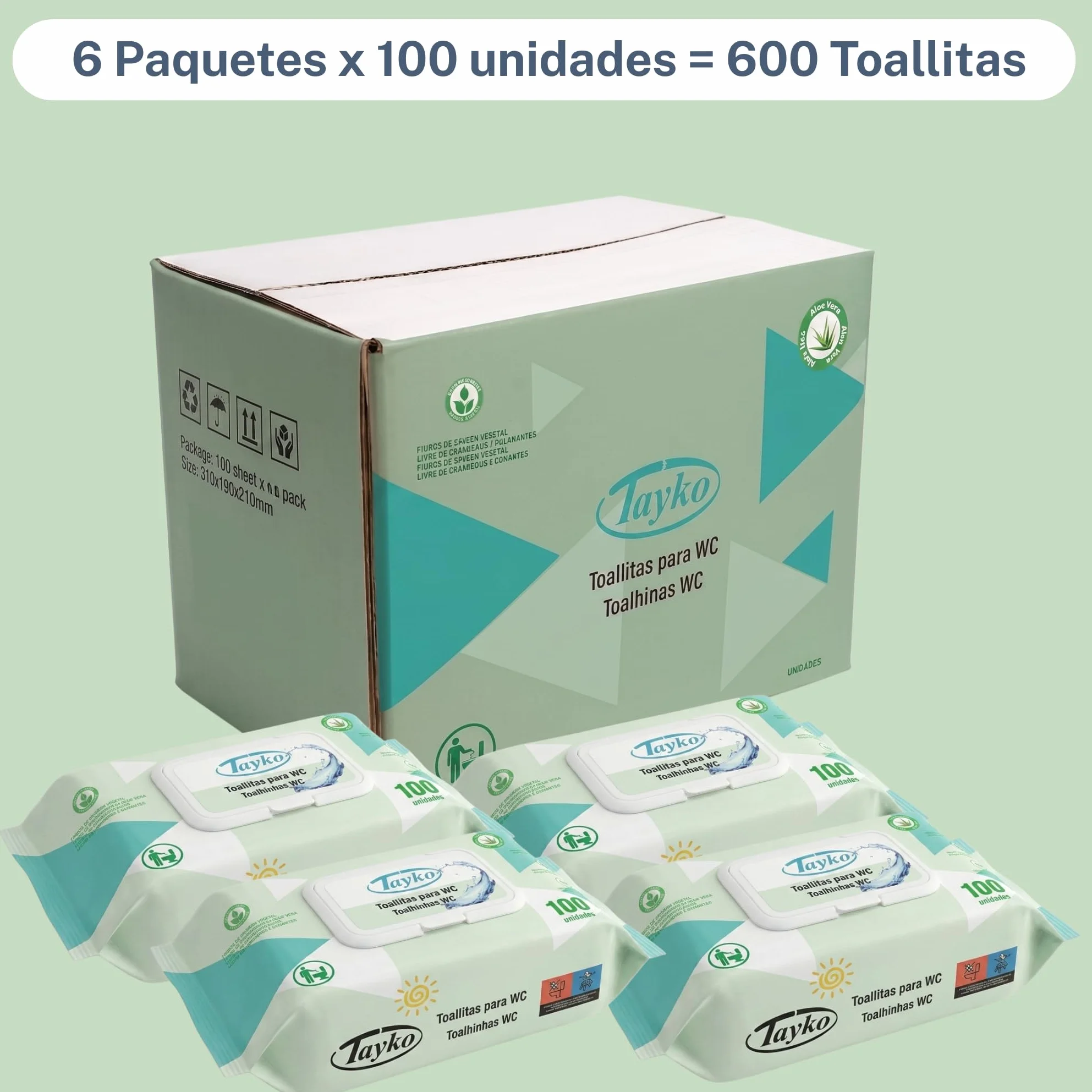Tayko Toallitas Papel Higiénico Húmedo Aloe Vera 600 toallitas con Tapa Rígida Biodegradables