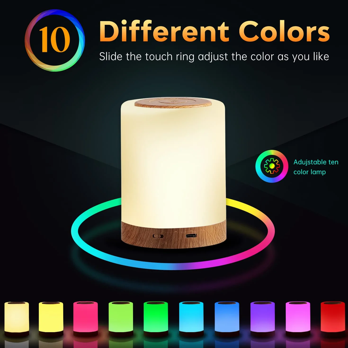 Lámparas de Mesita de Noche LED, Luz Nocturna Táctil Regulable con 10 Colores y 4 Modos RGB USB Recargable