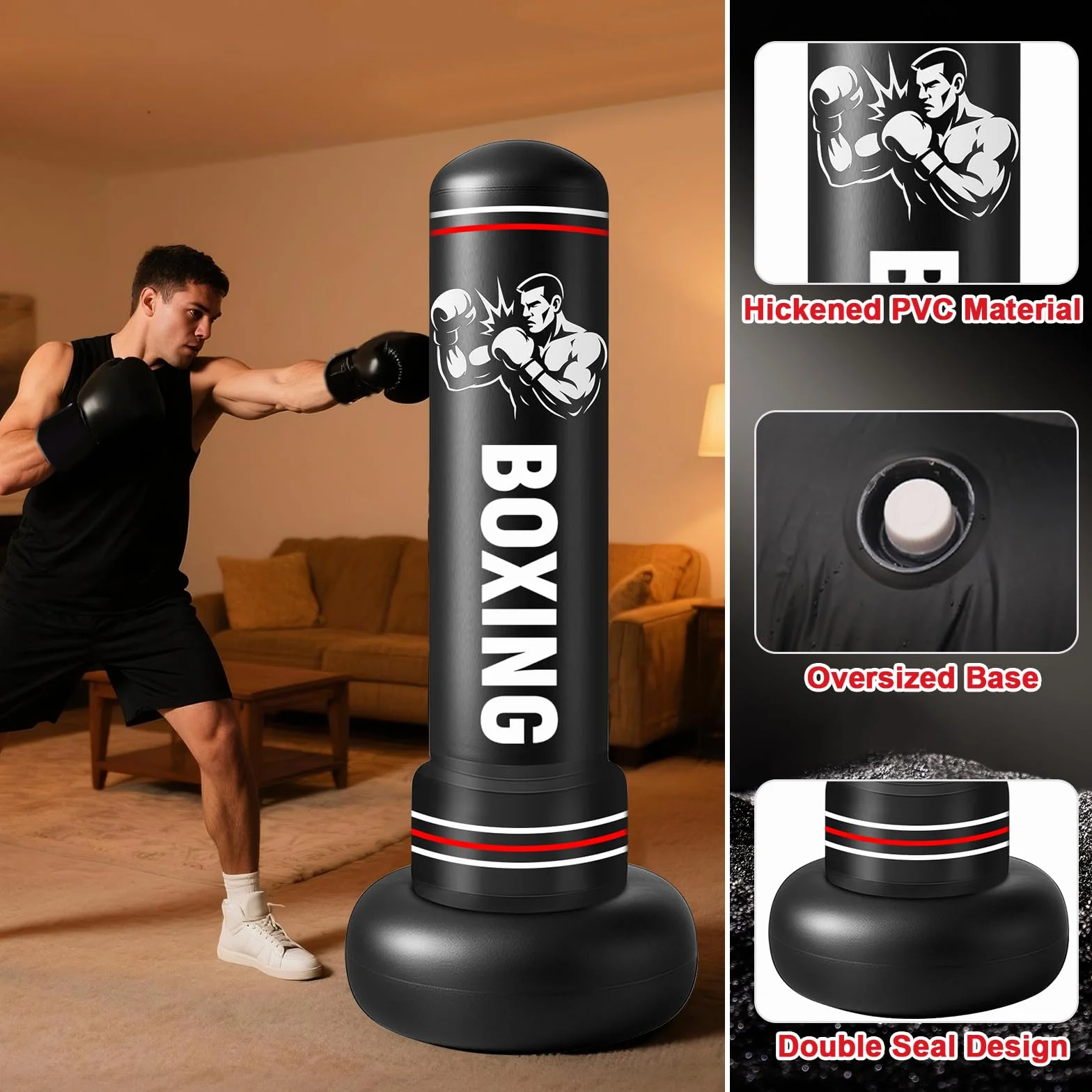 Qoosea Saco de Boxeo Adulto, 190cm Bolsa de Boxeo Inflable de Pie con Guantes, Mujeres Hombres Stand Kickboxing Bolsas, Punching Ball Estable para Karate MMA Taekwondo Thai Fitness