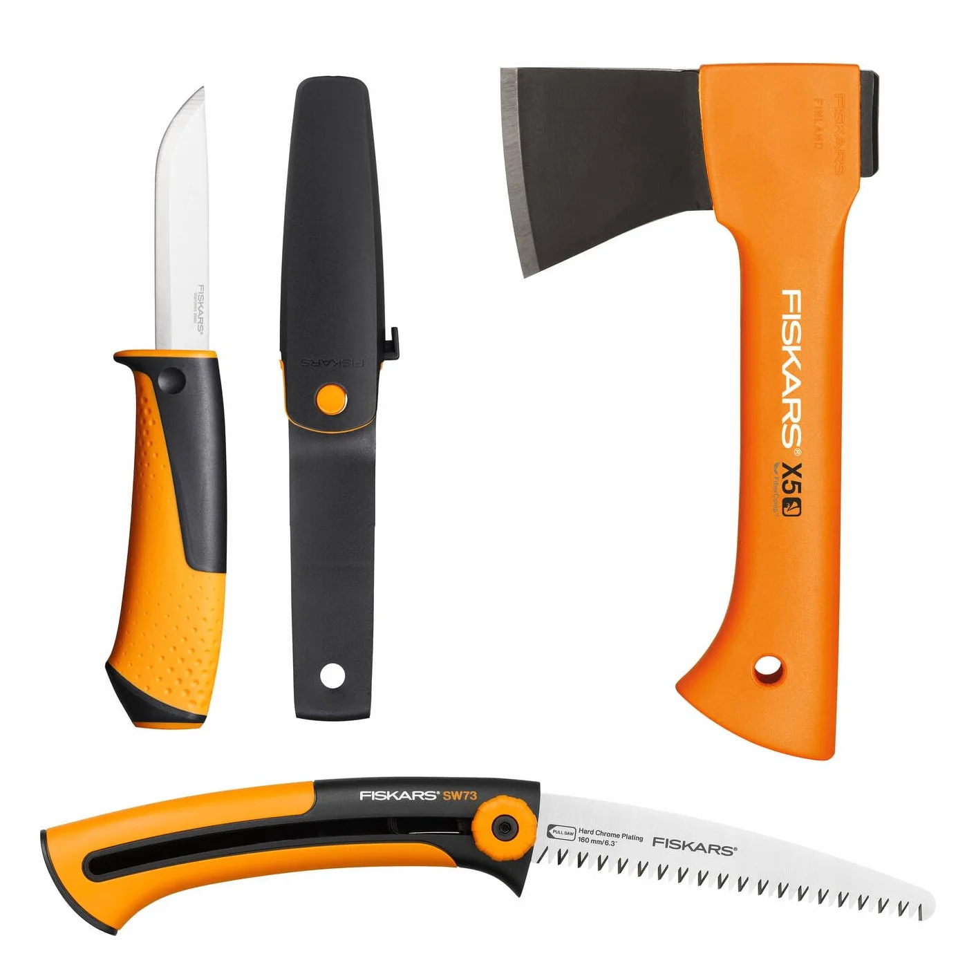 Fiskars Set de Camping, Hacha de recreo X5-XXS, 23 cm, Sierra de Mano Xtract SW73, Retráctil, 35 cm, Cuchillo Multifuncional con funda e integrador afilador de cuchillos, 21,5 cm, 1057912.