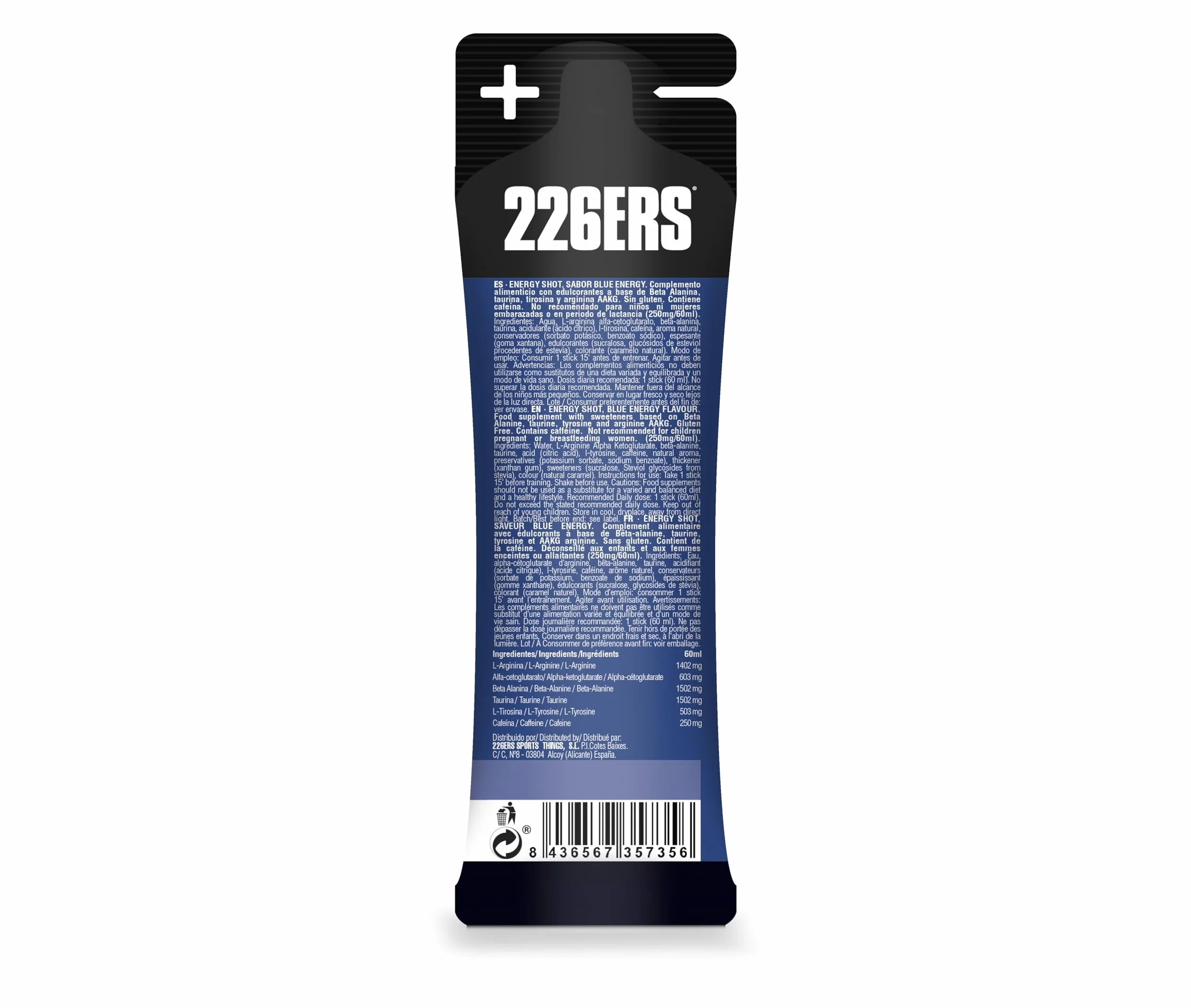 226ERS Energy Shot Extreme Sabor Blue Energy 60 ml Suplemento Alimenticio con Beta Alanina Taurina Arginina Cafeína