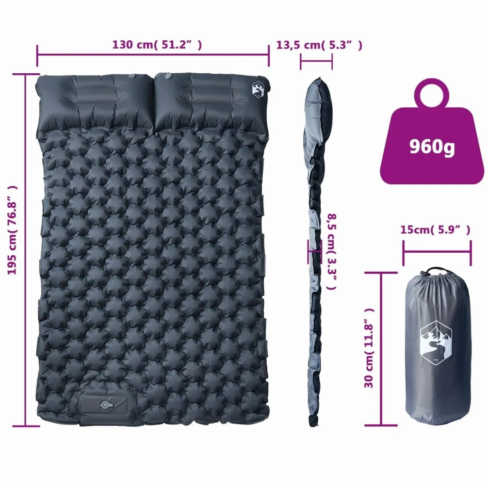 Colchoneta doble autoinflable con cojín, 195 x 130 x 8,5 cm, revestimiento de nailon 40D TPU, impermeable, ultraligera, compacta, ideal para camping, al aire libre, trekking, viajes