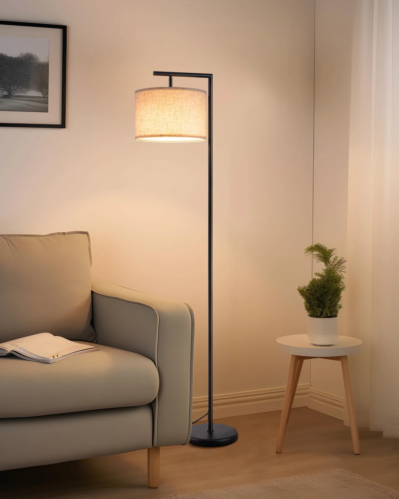 EDISHINE Lámpara de Pie Minimalista 160cm Pantalla de Lino Beige Casquillo E27 Negra Ajustable para Dormitorio Salón