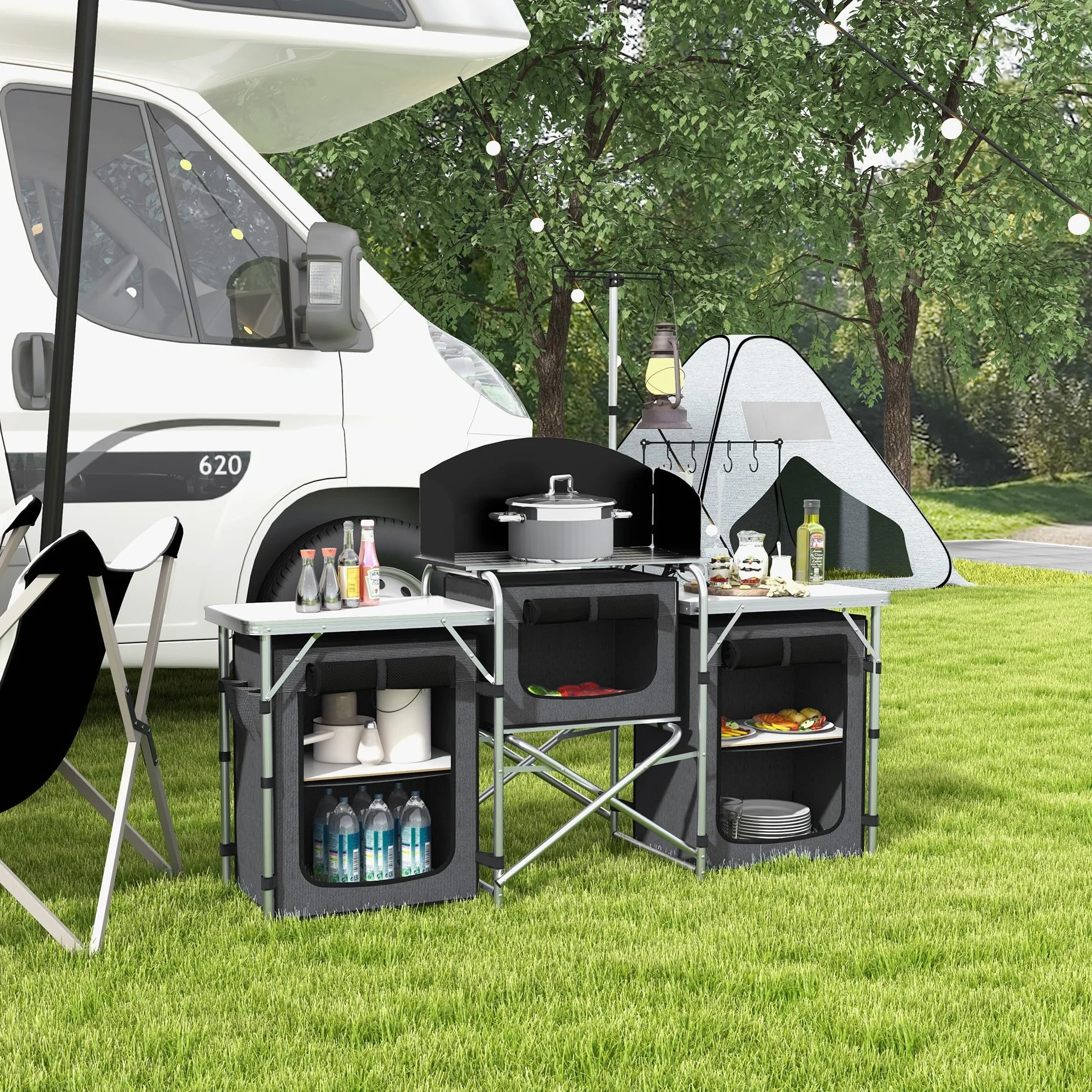 Outsunny Cocina de Camping Plegable, Armario de Camping de 3 Estantes con 5 Estantes Internos, 4 Ganchos y Bolsa de Transporte, Aluminio, MDF y Tejido Oxford, UV50+, 172x48x119 cm, Negro