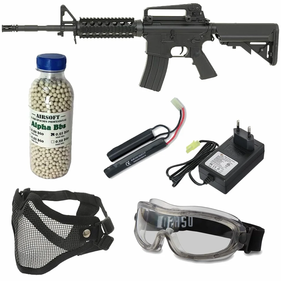 Pack Airsoft Rifle eléctrico CM.507 M4 Negro con batería, Cargador de batería, Cargador de Bolas, Gafas homologadas, máscara Facial y Botella de 3000 Bolas. Potencia 1 Julio