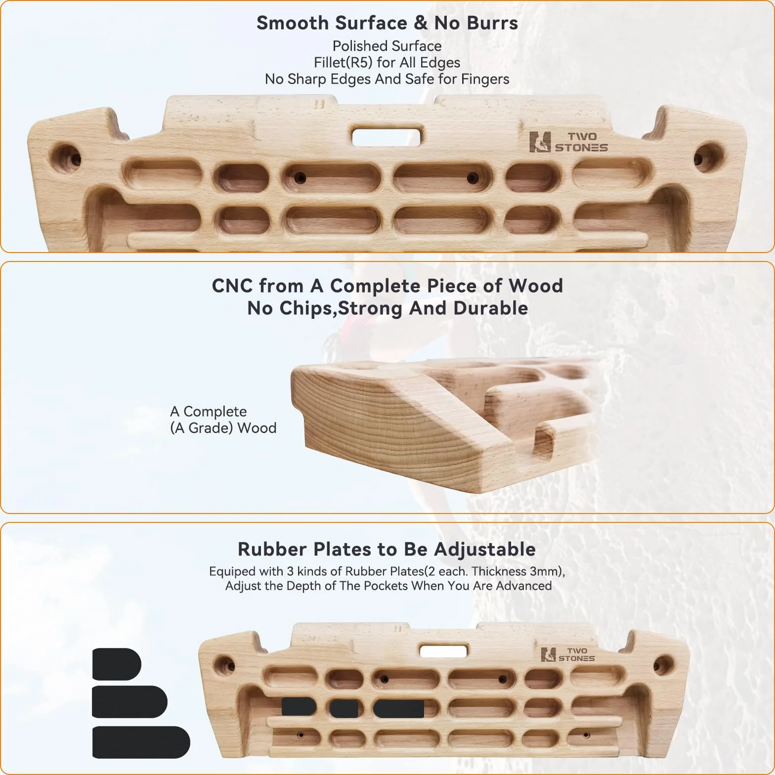 TWO STONES Hangboard - Tabla Colgante de Escalada con Soporte para teléfono, Soporte para Correa, Jarra, pellizcos, Bolsillos, Bordes y Pendientes; Tabla Colgante de Madera para Escalada